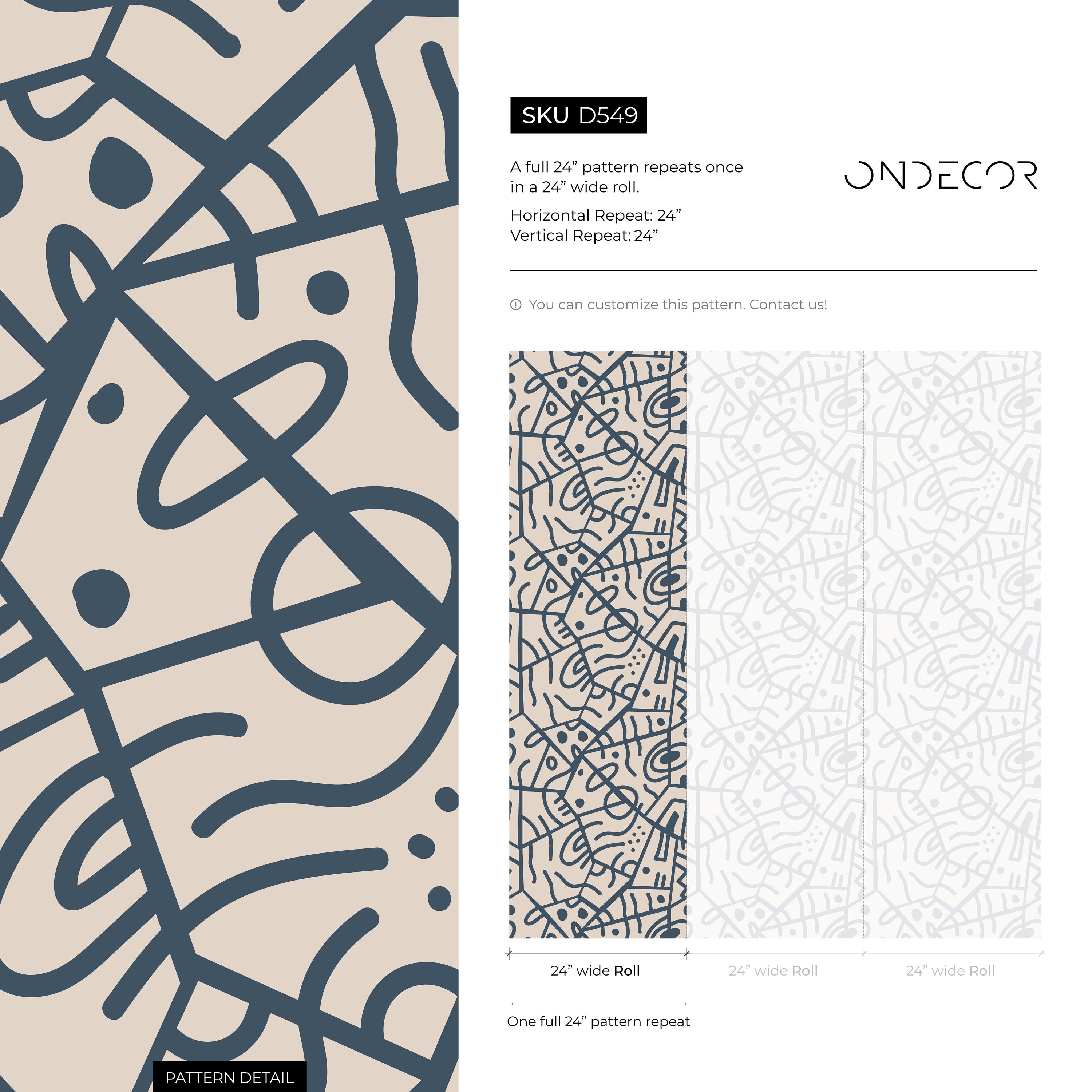 Abstract Wallpaper With Bold Tribal Lines In Navy Blue And Taupe - D549
