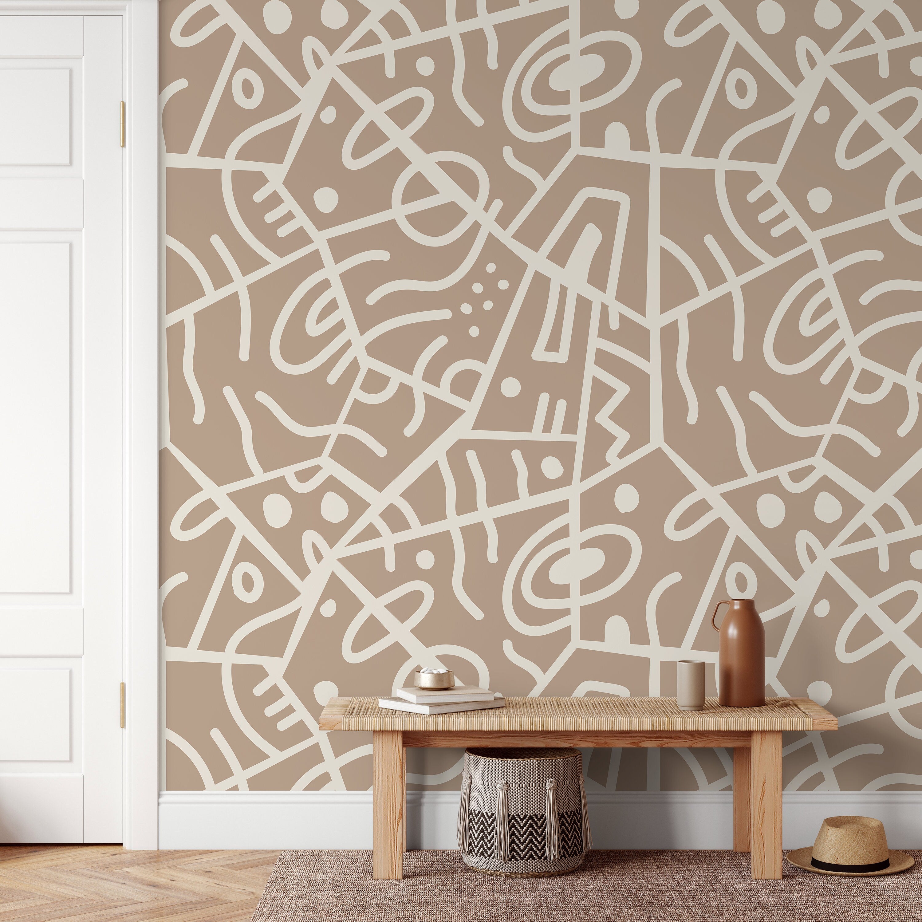 Abstract Wallpaper With A Bold Ethnic Line Art Motif In Beige And Cream - D552