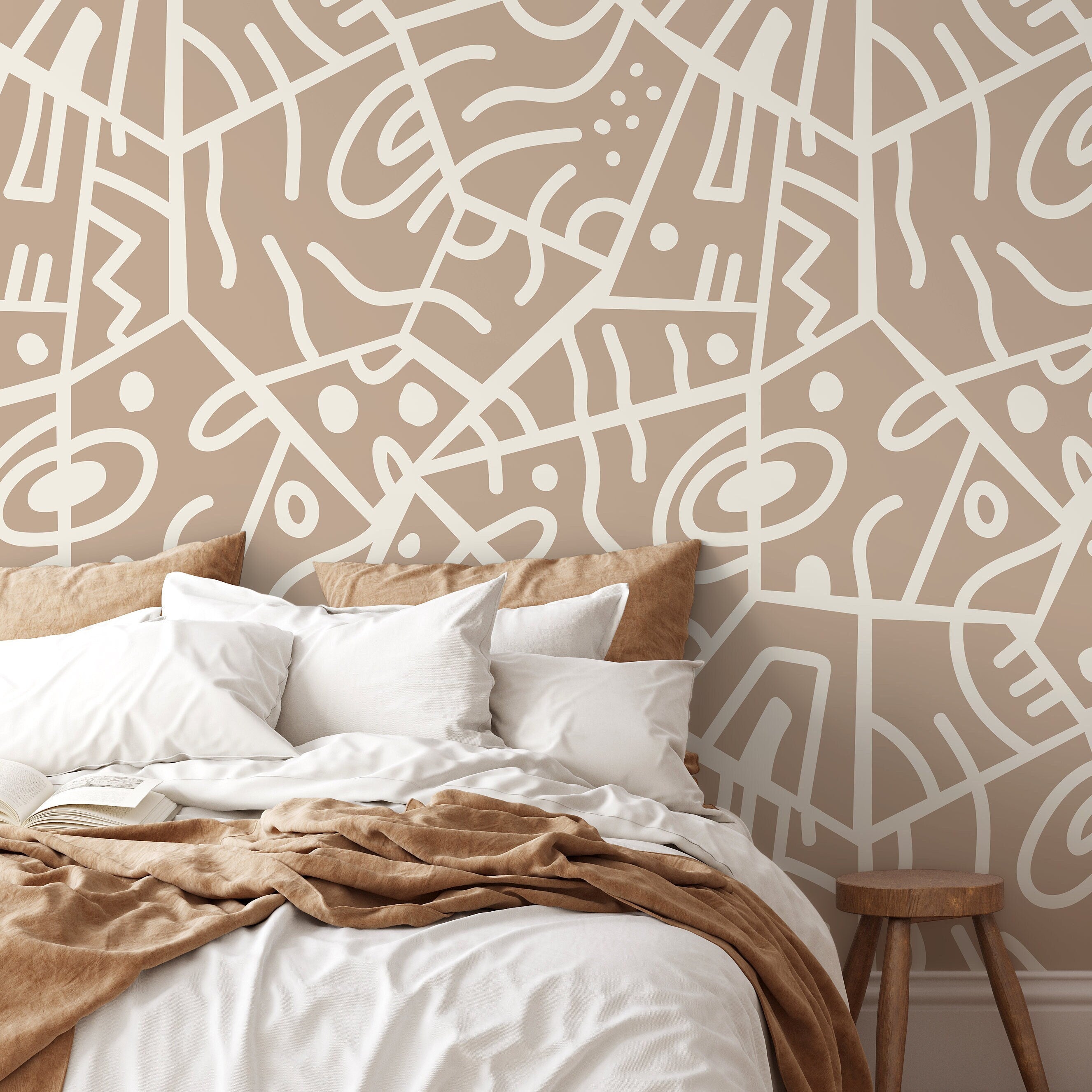 Abstract Wallpaper With A Bold Ethnic Line Art Motif In Beige And Cream - D552