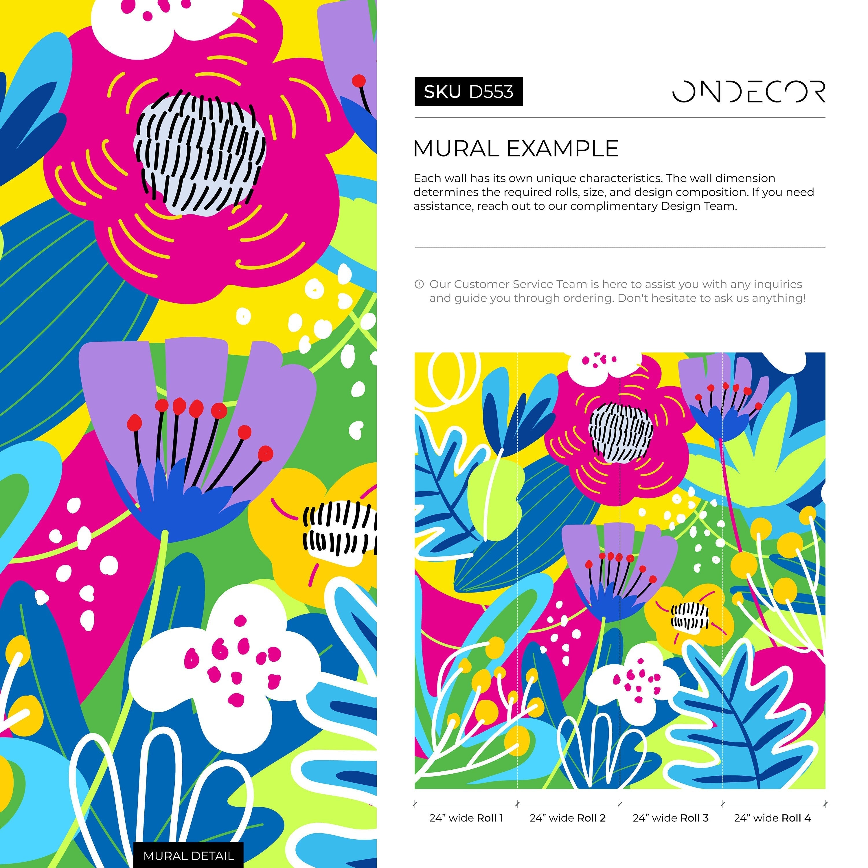 Abstract Wallpaper Featuring Graphic Flowers In Blue, Pink, And Yellow - D553