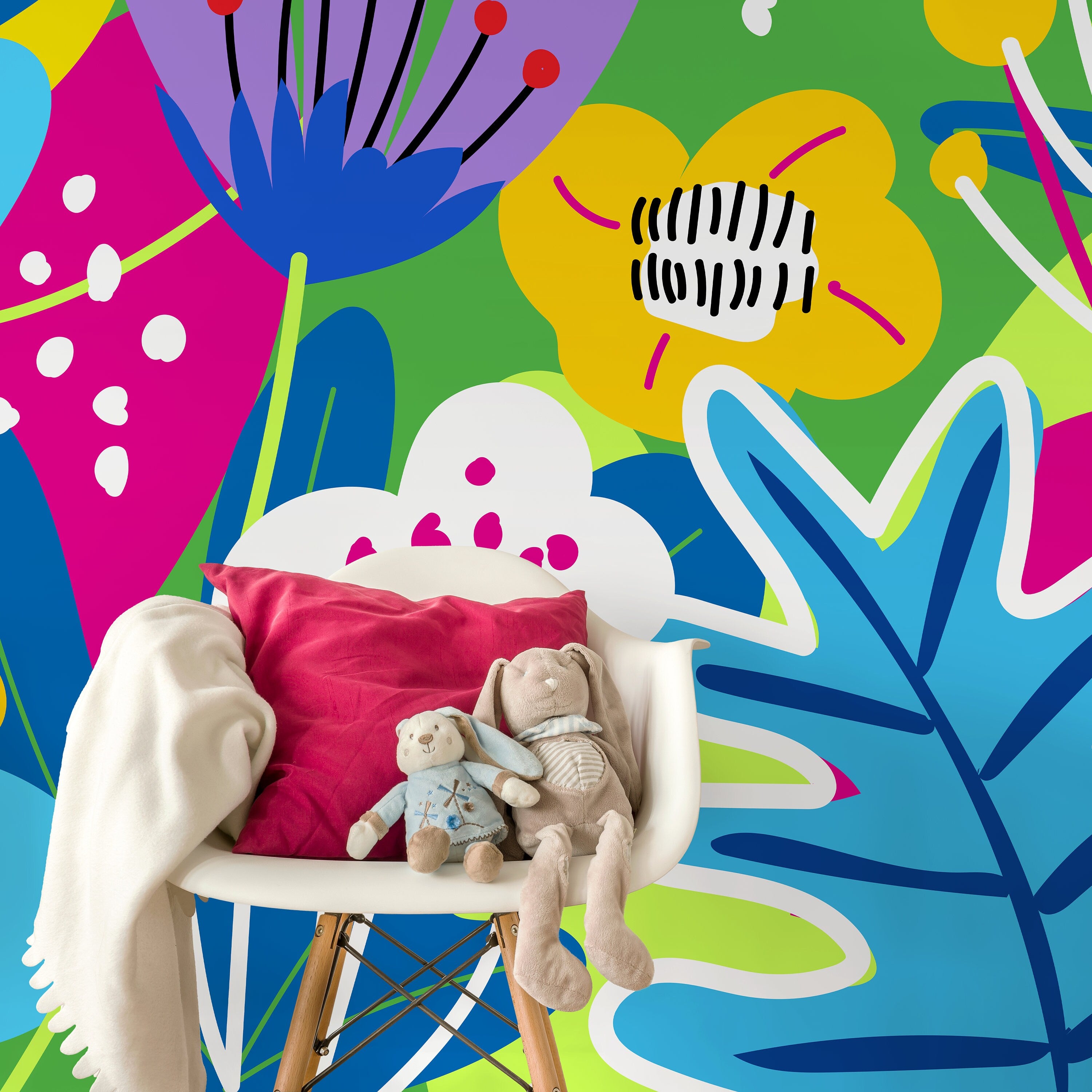 Abstract Wallpaper Featuring Graphic Flowers In Blue, Pink, And Yellow - D553