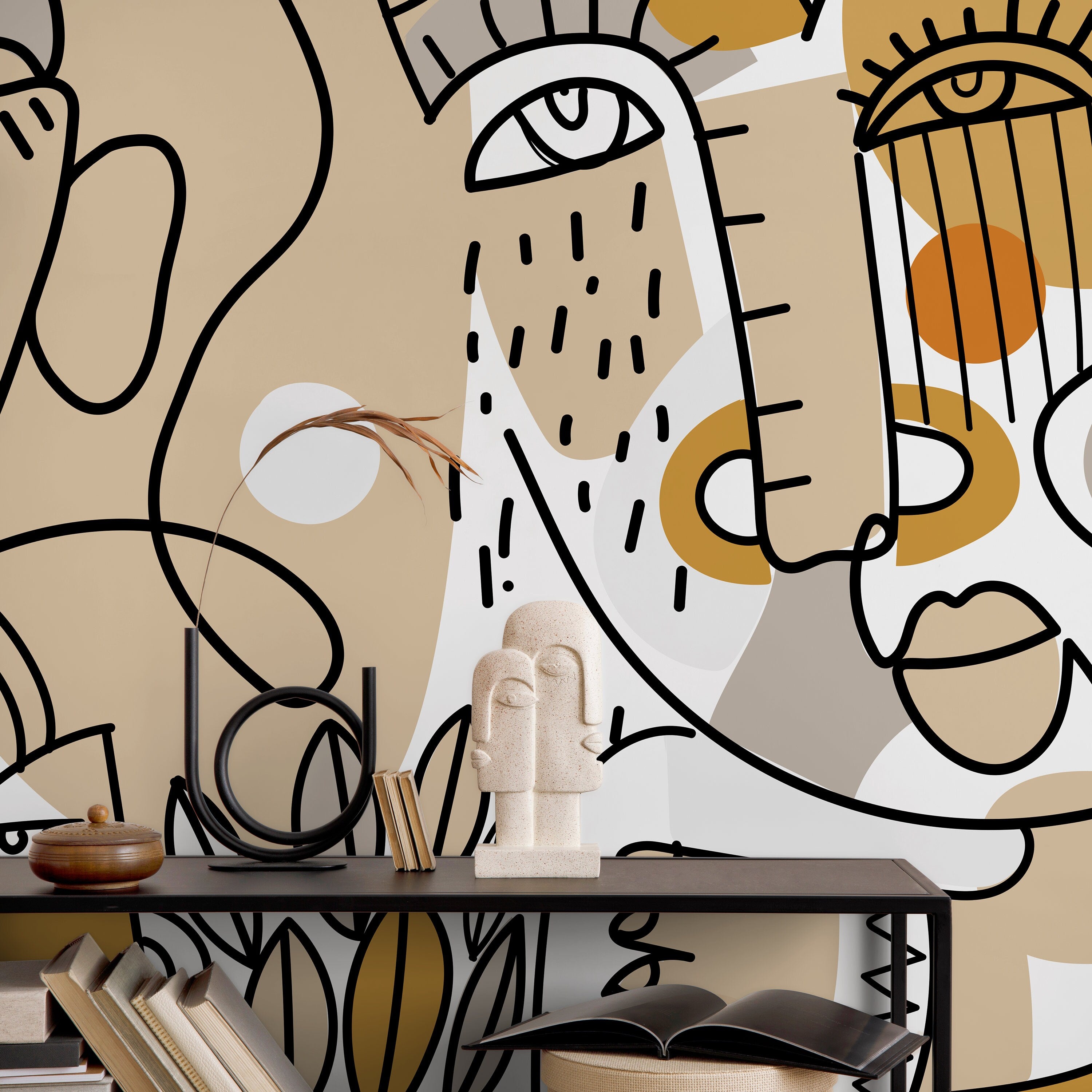 Abstract Wallpaper With Continuous Line Art Faces In Beige, Ochre, And Black - D554