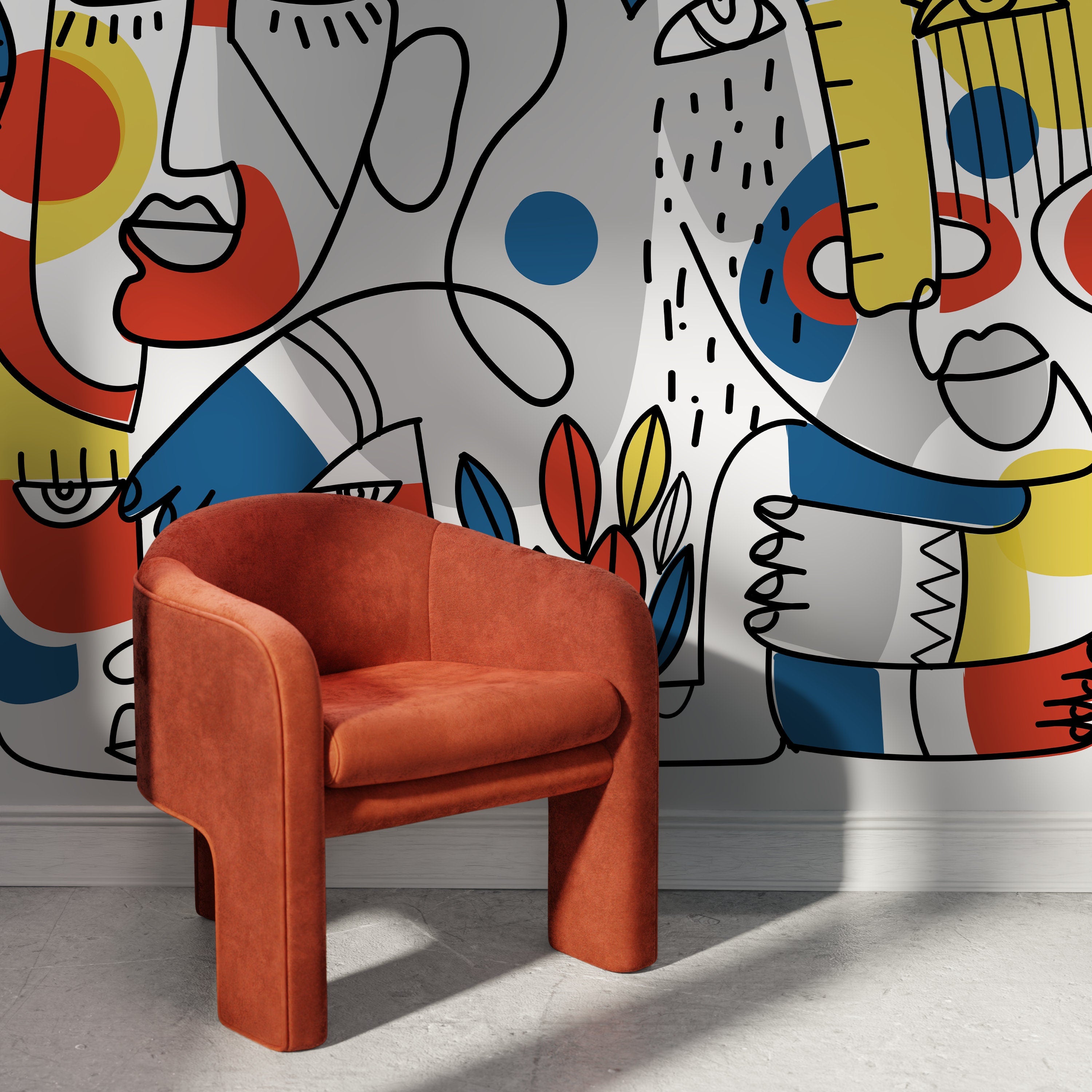 Abstract Wallpaper With Bold Line Art Faces In Yellow, Red, And Blue - D556