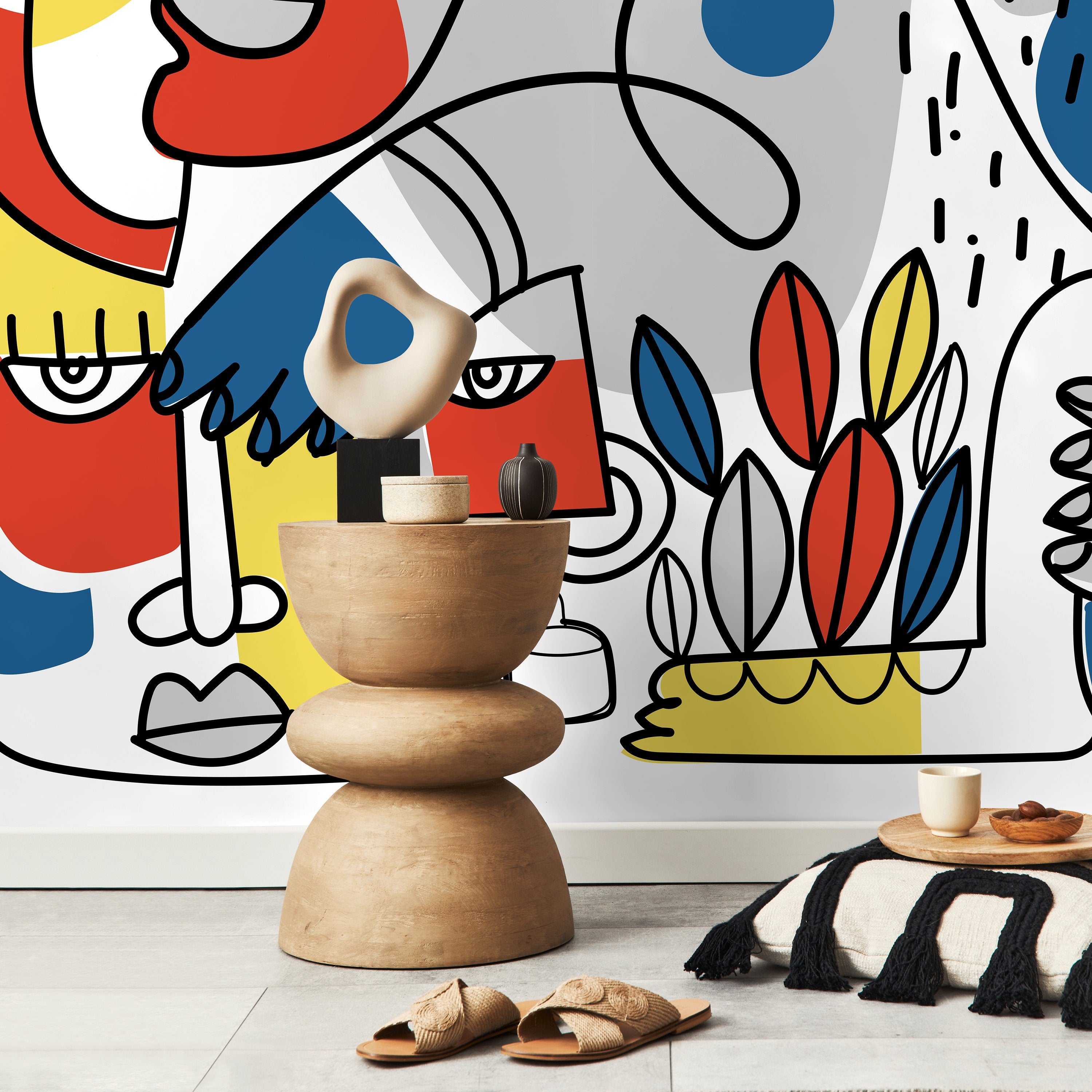 Abstract Wallpaper With Bold Line Art Faces In Yellow, Red, And Blue - D556