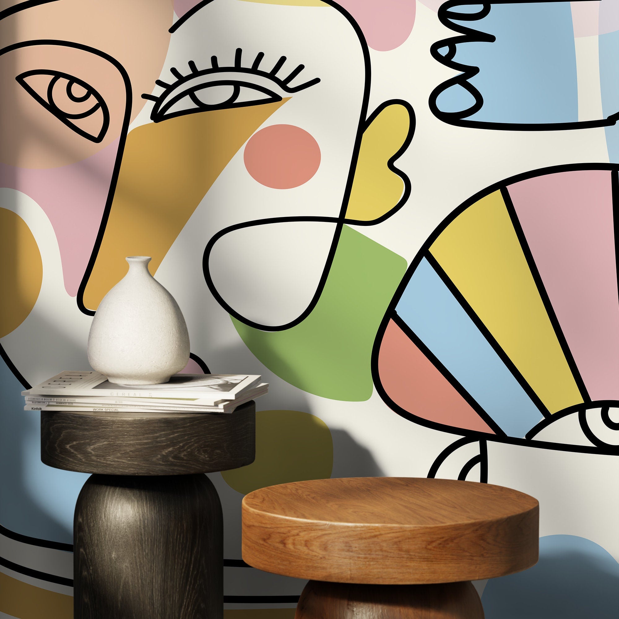 Abstract Wallpaper With Modern Line Art Faces In Blue, Pink, And Yellow - D557