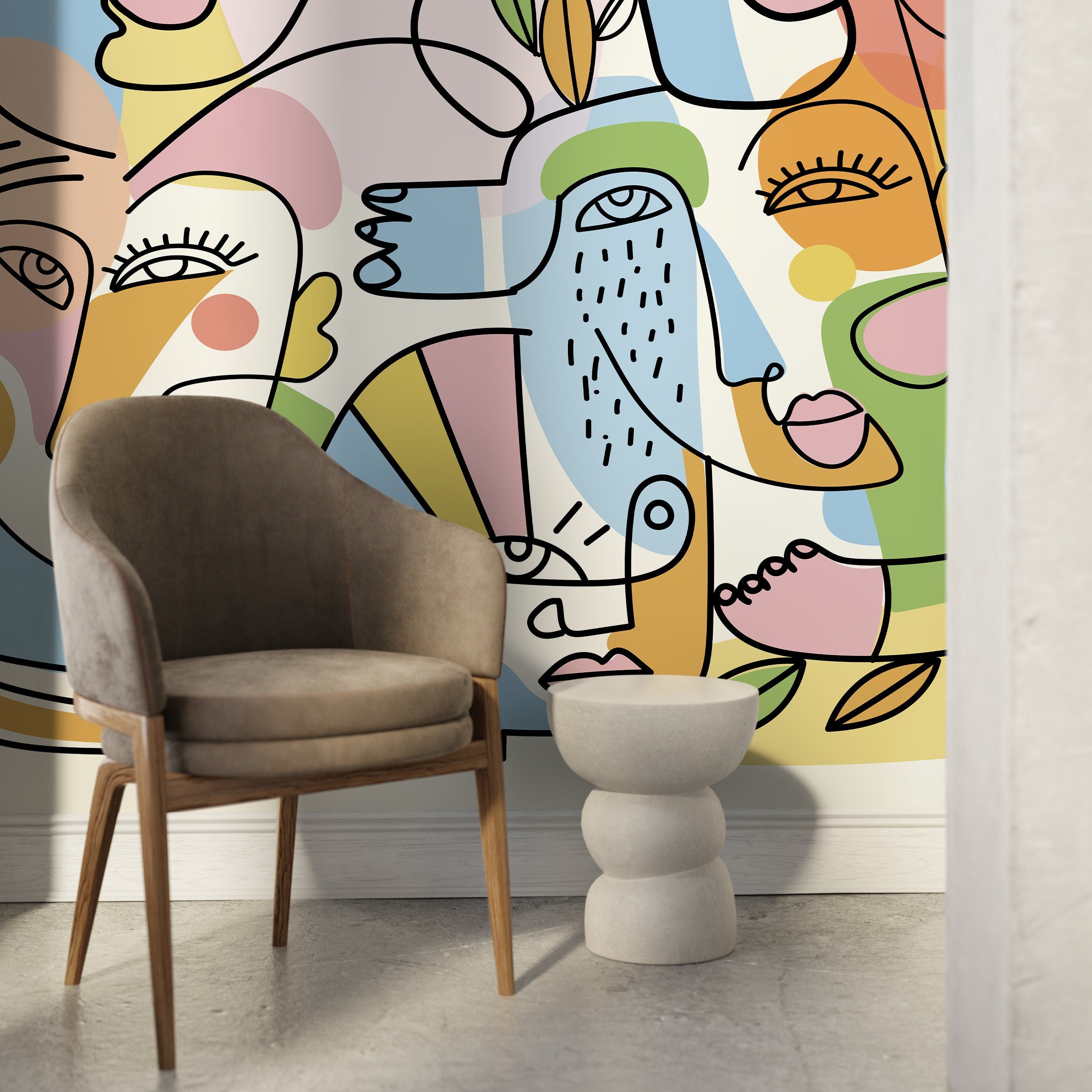 Abstract Wallpaper With Modern Line Art Faces In Blue, Pink, And Yellow - D557