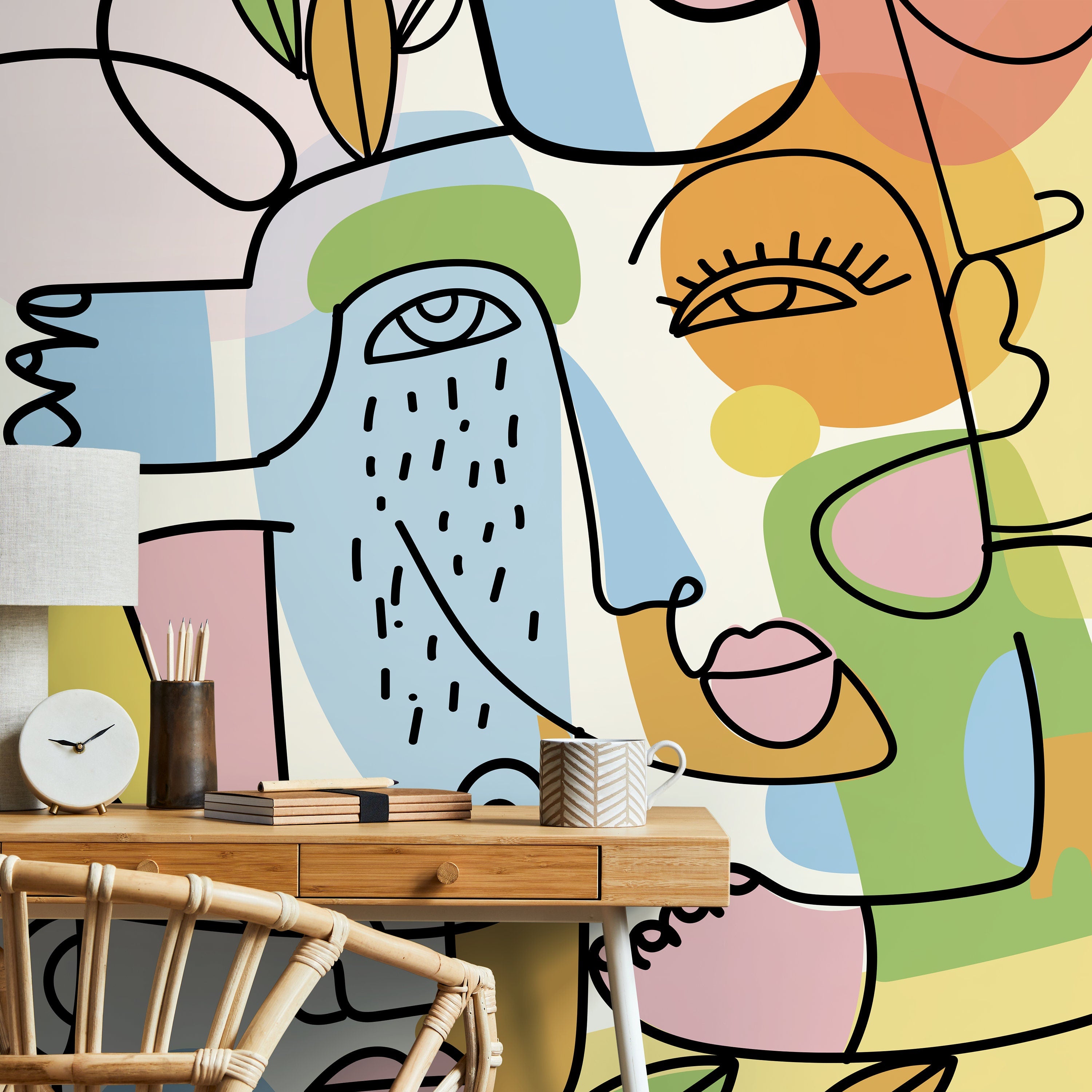 Abstract Wallpaper With Modern Line Art Faces In Blue, Pink, And Yellow - D557
