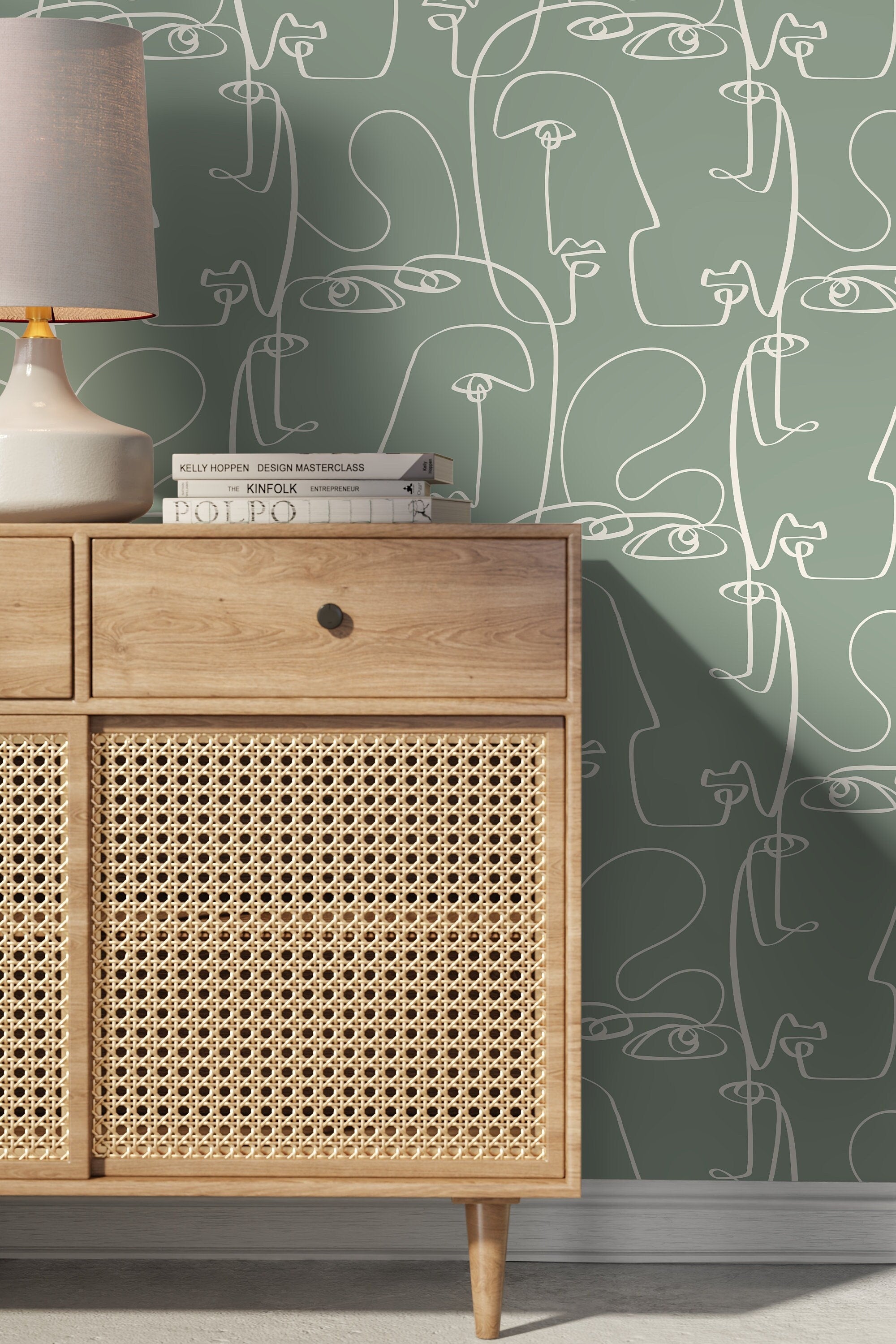 Line Art Wallpaper Featuring Abstract Faces In Green And White - D493