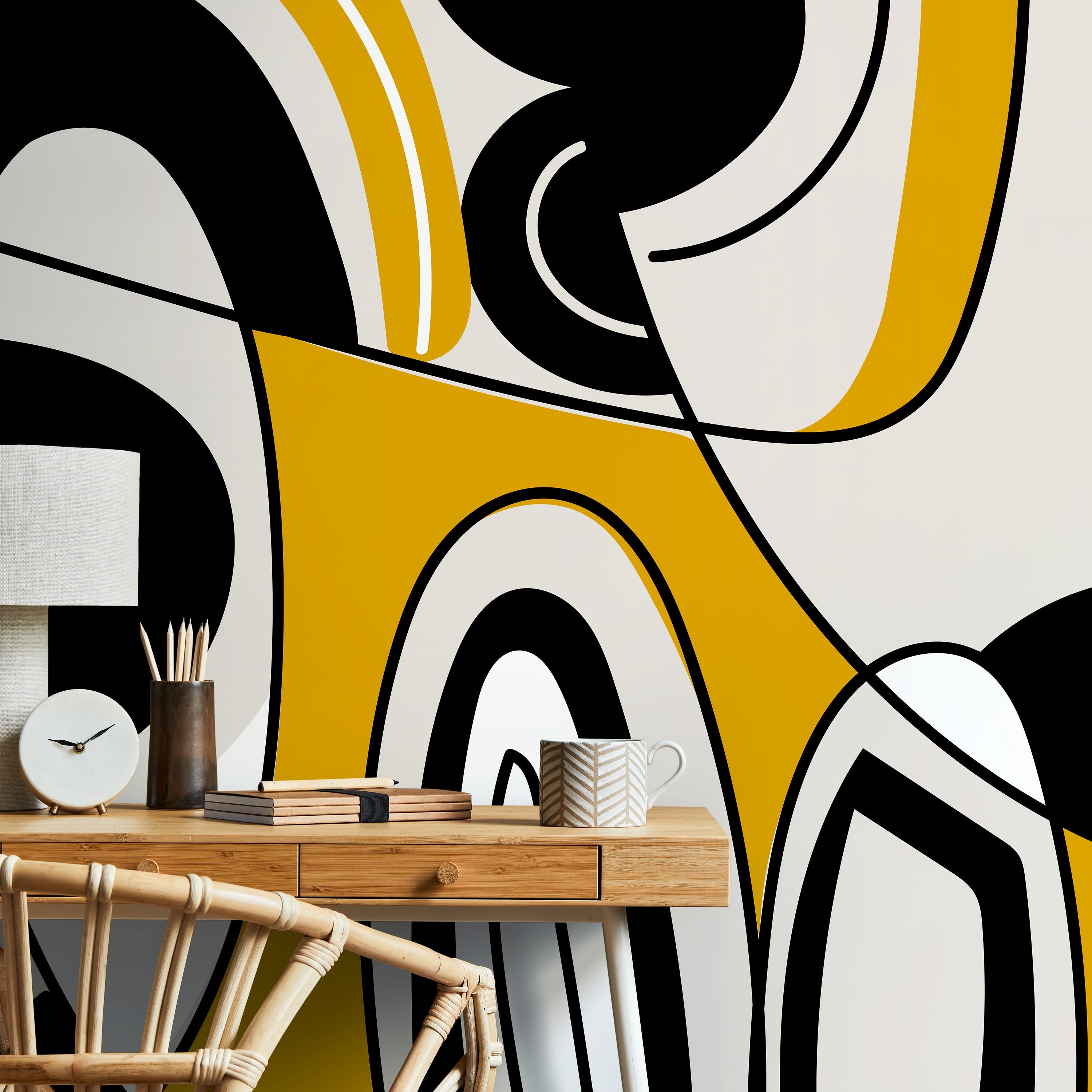 Abstract Wallpaper With A Bold Graphic Line Art Motif In Black, Yellow, And Gray - D560