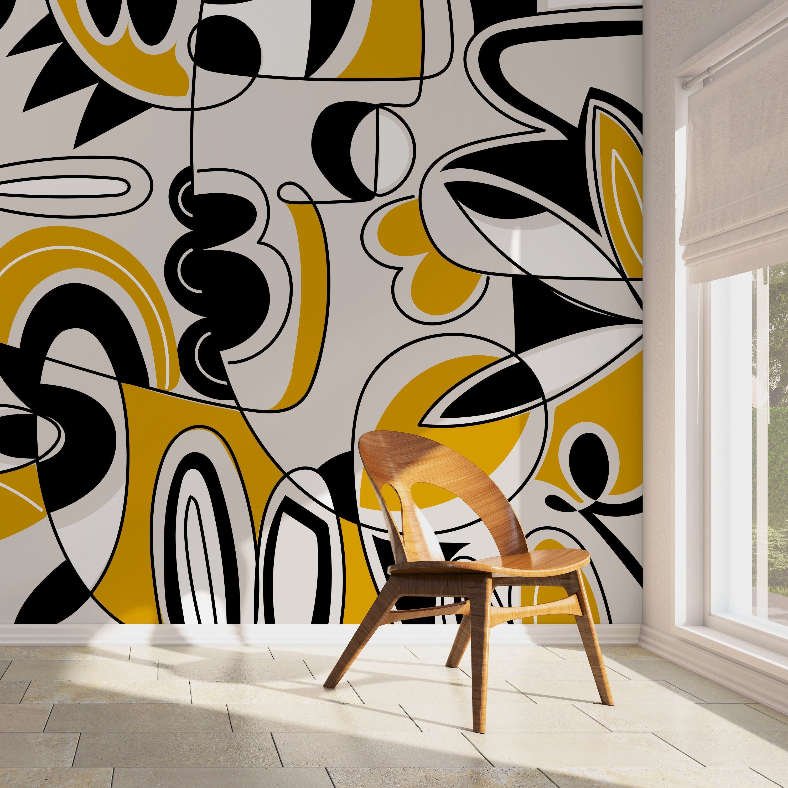 Abstract Wallpaper With A Bold Graphic Line Art Motif In Black, Yellow, And Gray - D560