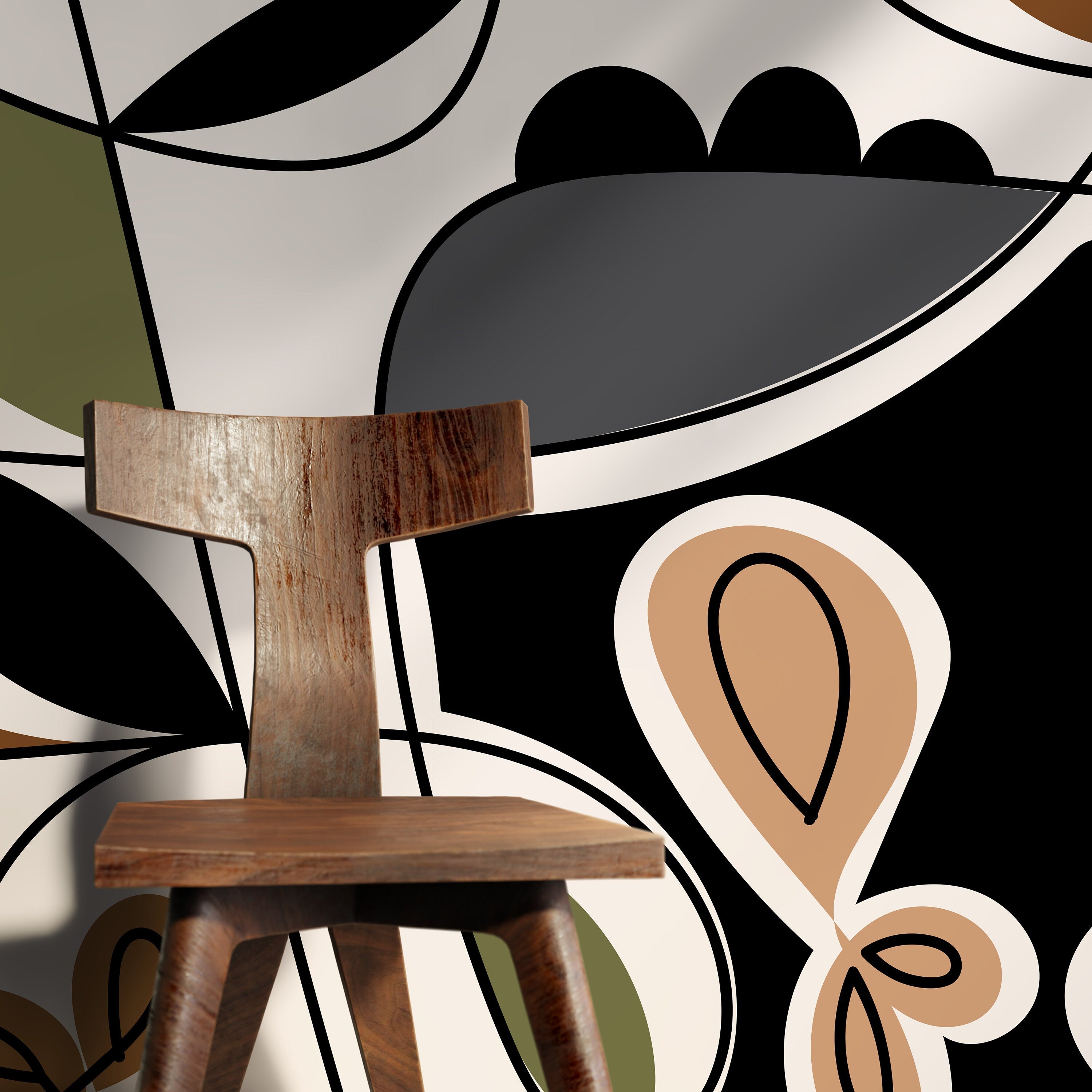 Abstract Wallpaper With Bold Geometric Shapes In Green, Brown, And Black - D561