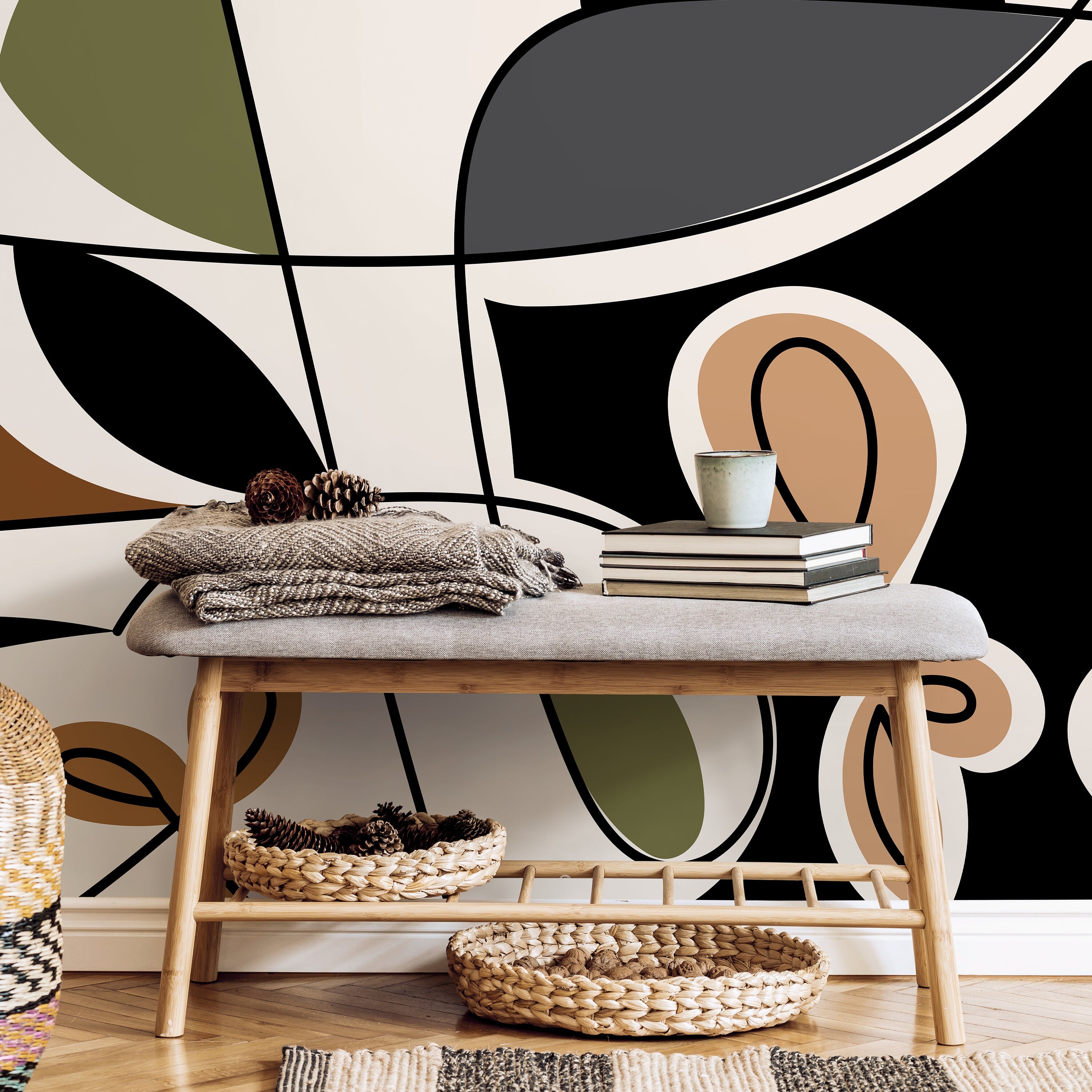 Abstract Wallpaper With Bold Geometric Shapes In Green, Brown, And Black - D561