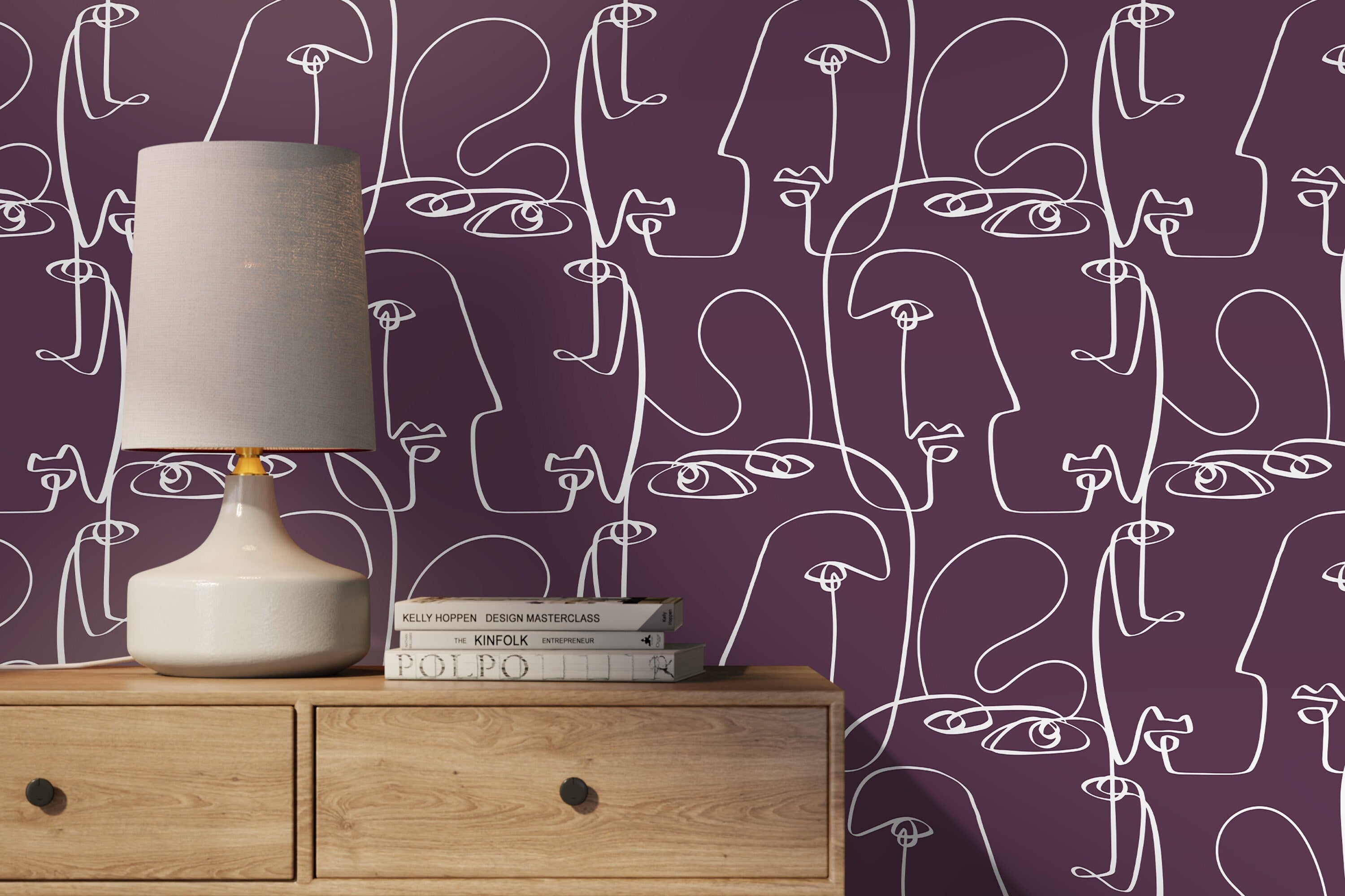 Line Art Wallpaper Featuring Abstract Faces In Purple And White - D495