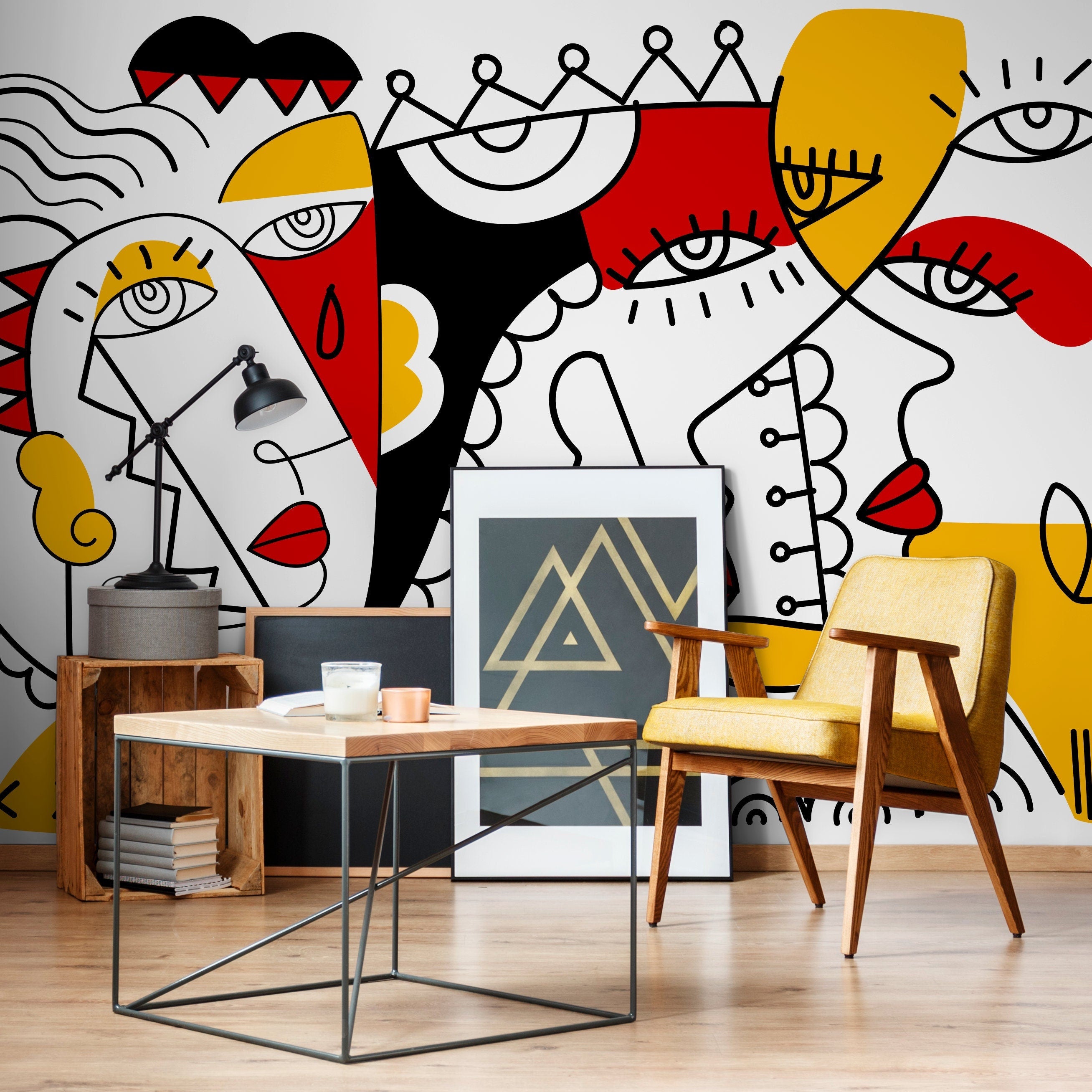 Abstract Wallpaper With A Cubist Face Mural In Red, Yellow, And Black - D563