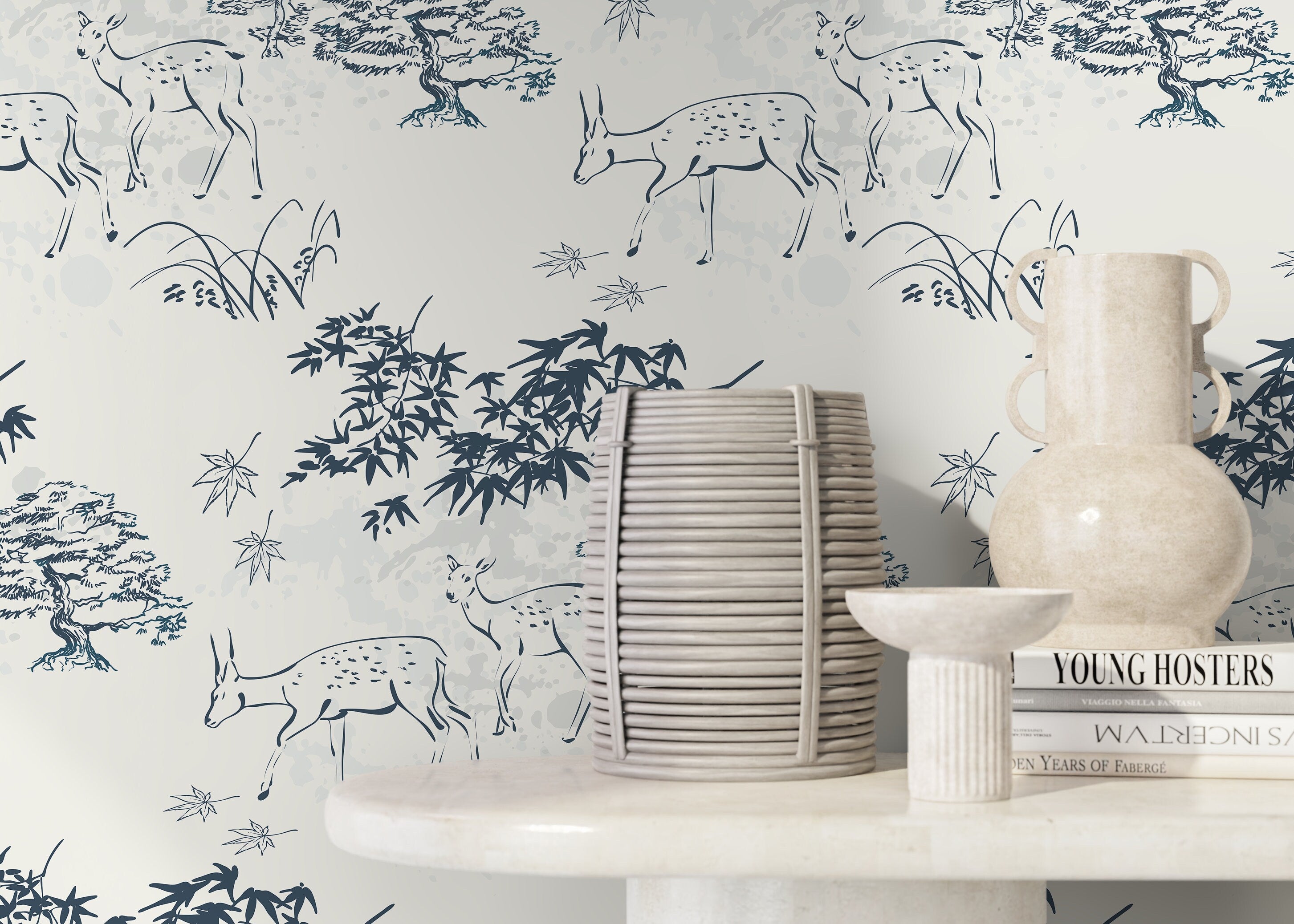 Japanese Wallpaper Featuring Illustrated Deer And Bonsai Trees In Blue And Grey - D496