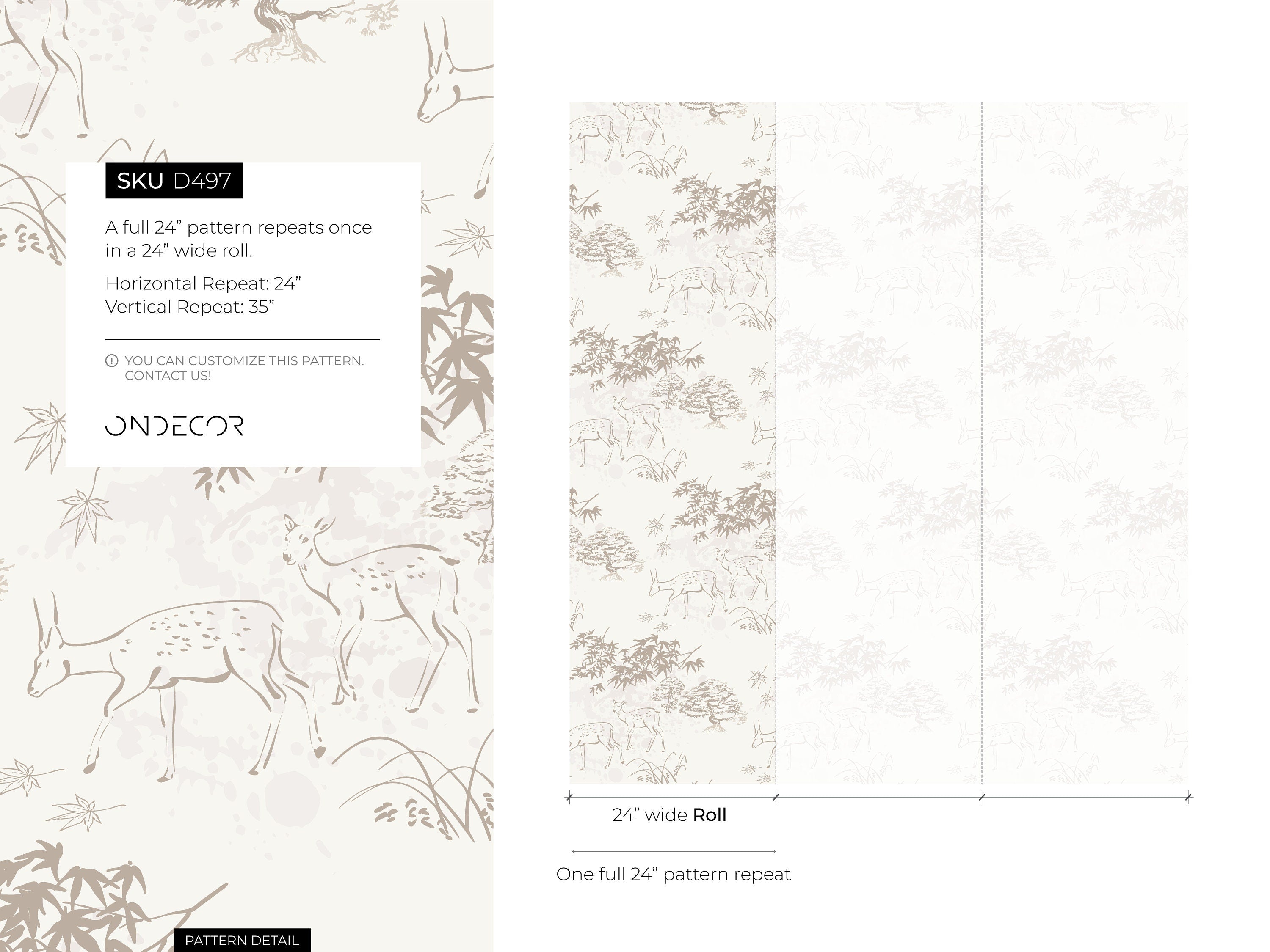 Japanese Wallpaper With A Sketched Deer And Forest Motif In Taupe And Cream - D497