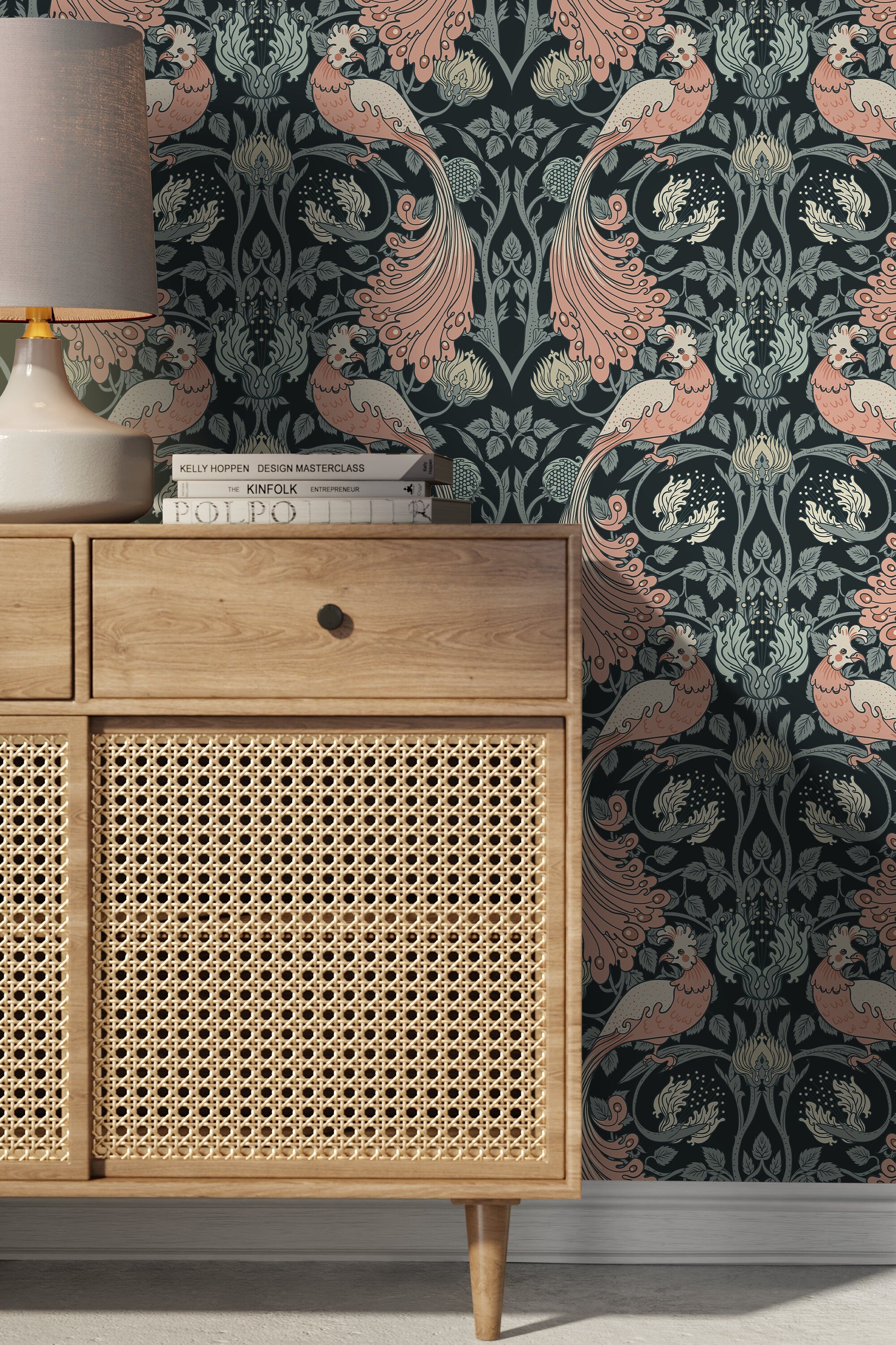 Art Nouveau Wallpaper With A Bird Motif In Pink, Green, And Black - D499