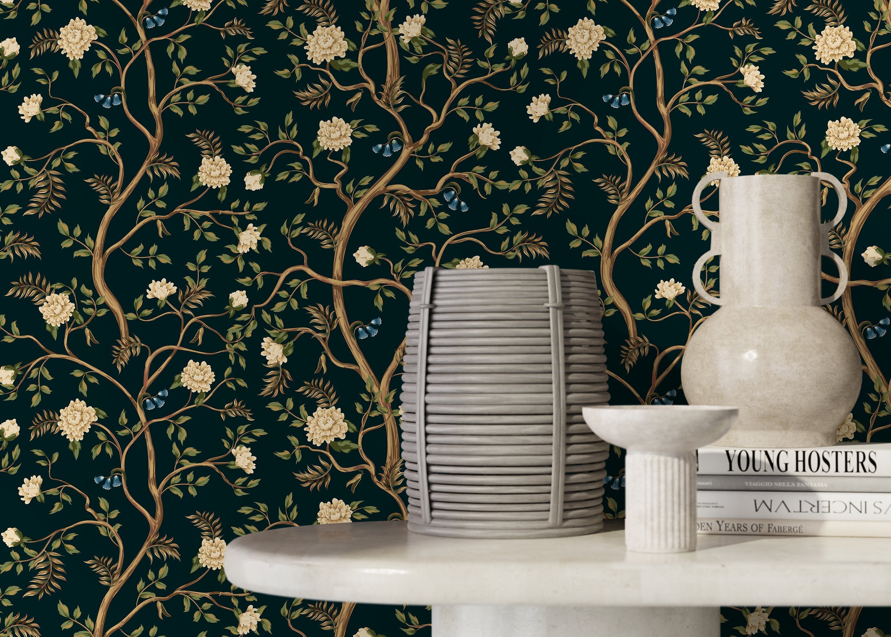 Chinoiserie Wallpaper With A Floral Garden Motif In Dark Teal And Cream - D501