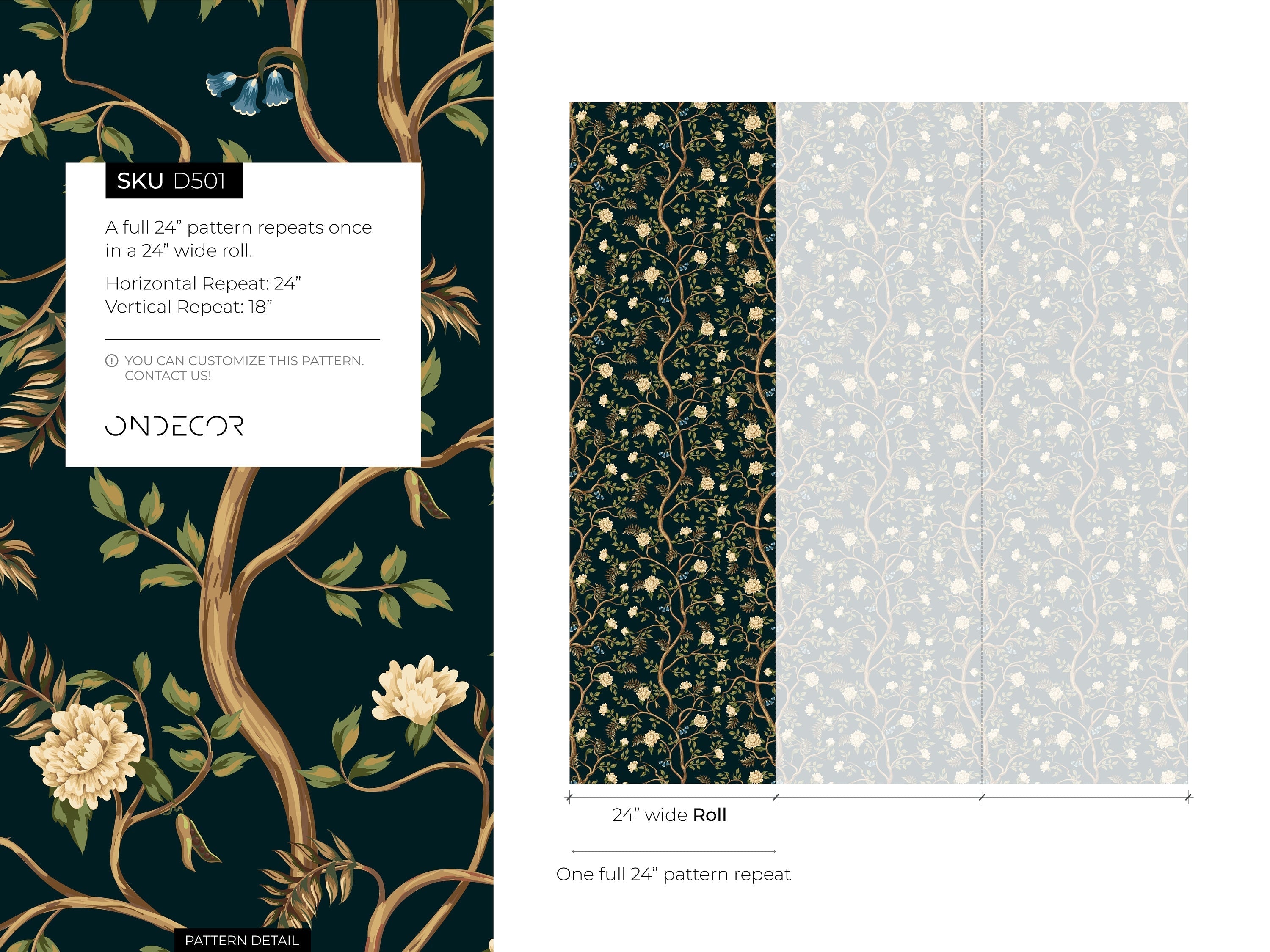 Chinoiserie Wallpaper With A Floral Garden Motif In Dark Teal And Cream - D501