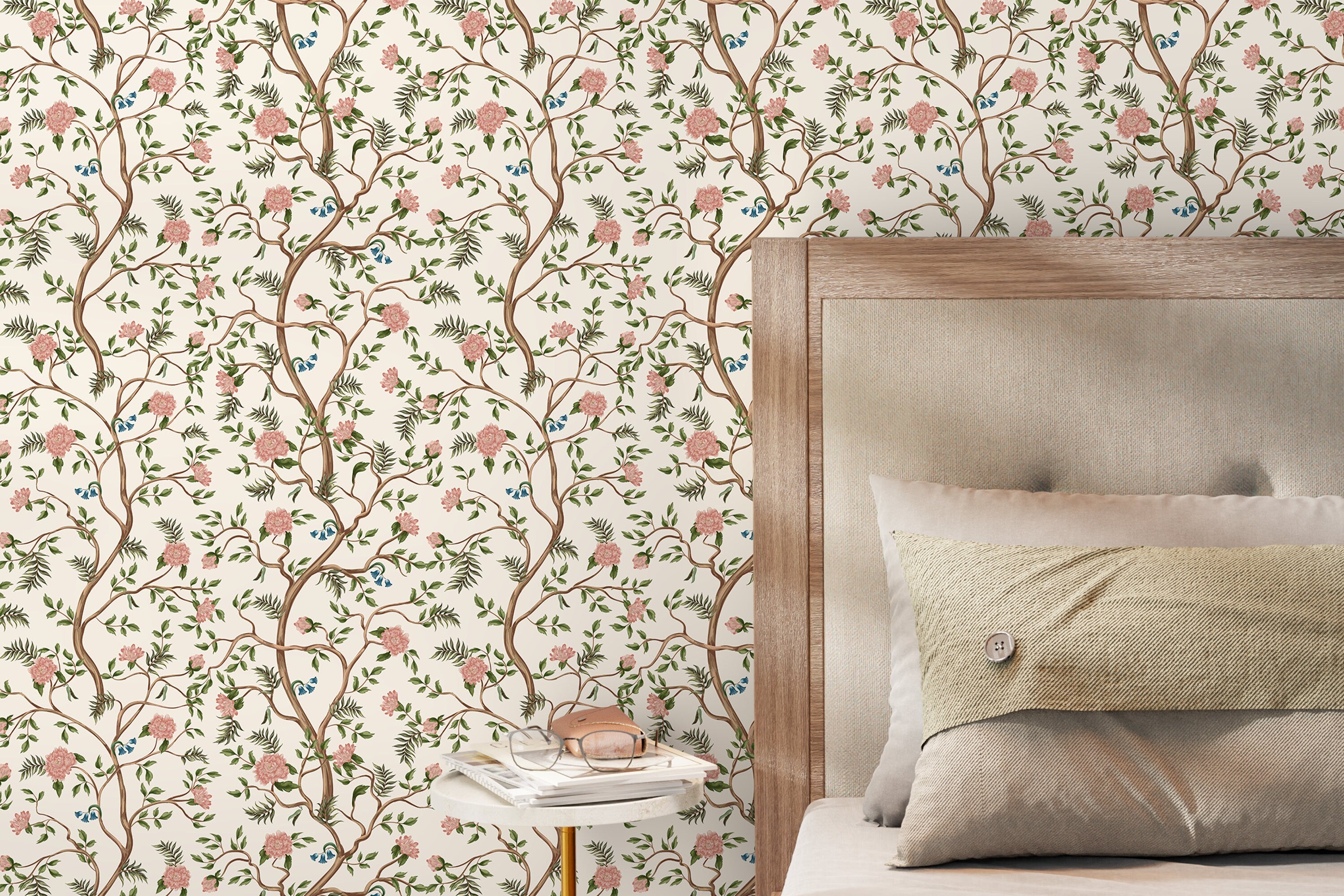 Chinoiserie Wallpaper With A Blooming Tree Motif In Pink, Blue, And Green - D502