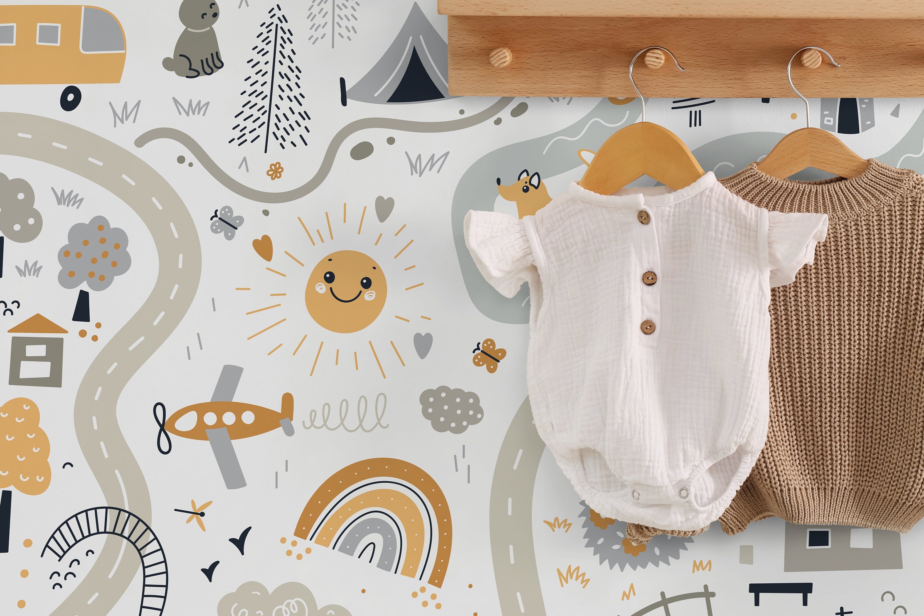 Nursery Map Wallpaper With A Whimsical Town And Animals In Gray And Yellow - D505