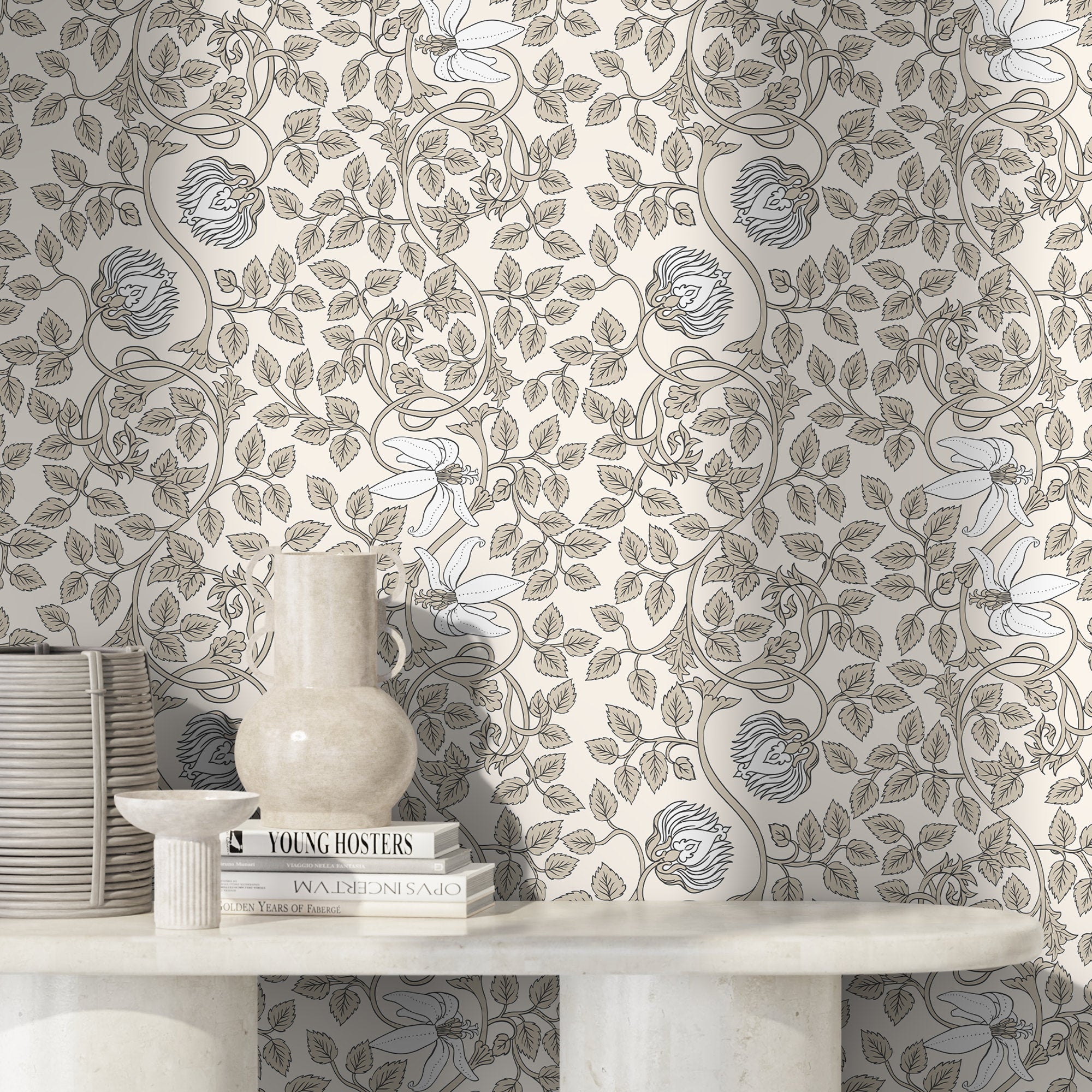 Art Nouveau Wallpaper With A Swirling Floral Vine In Taupe And White - D507
