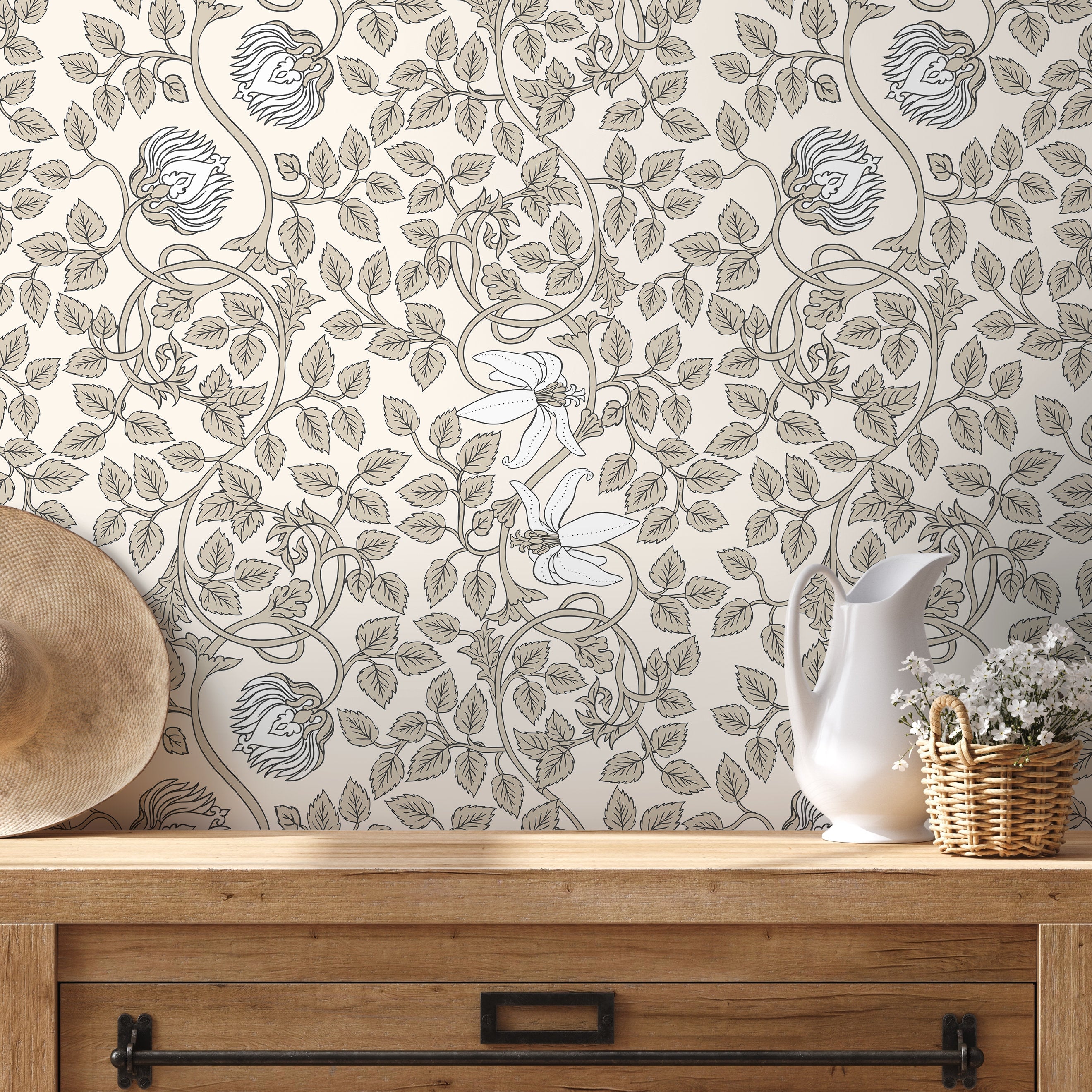 Art Nouveau Wallpaper With A Swirling Floral Vine In Taupe And White - D507