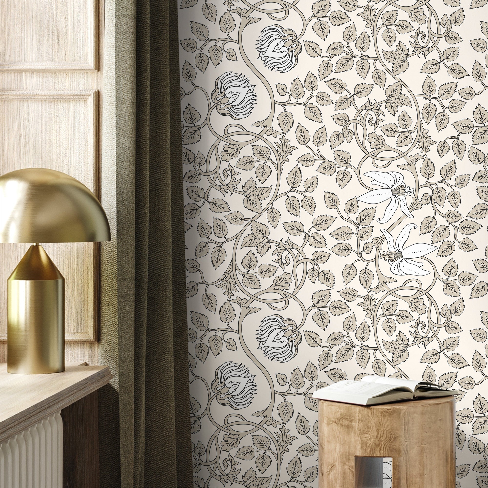 Art Nouveau Wallpaper With A Swirling Floral Vine In Taupe And White - D507