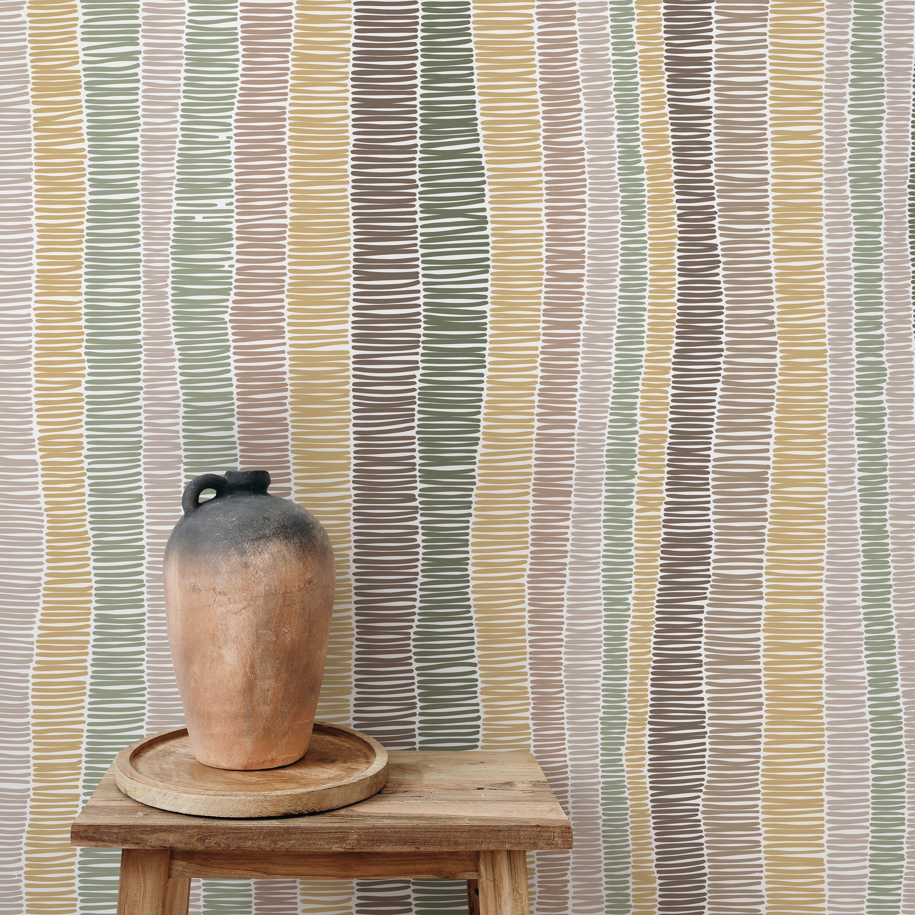 Abstract Wallpaper With Hand-drawn Vertical Stripes In Green, Brown, And Yellow - D510