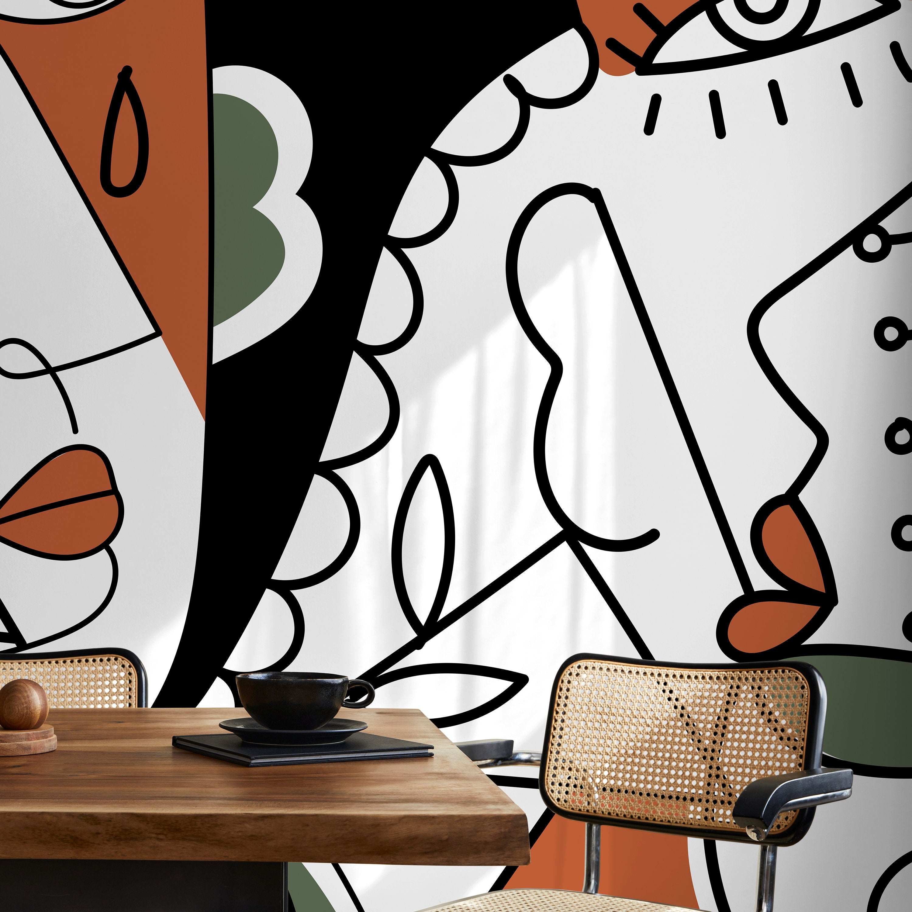 Cubism Wallpaper With Abstract Portraits In Black, Green, And Terracotta - D564