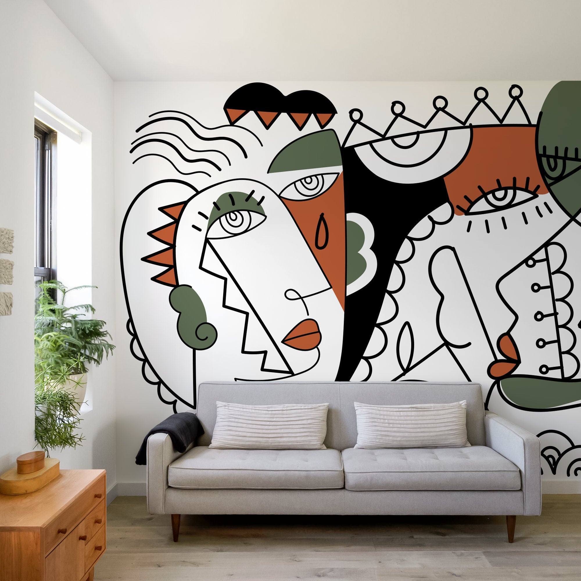 Cubism Wallpaper With Abstract Portraits In Black, Green, And Terracotta - D564