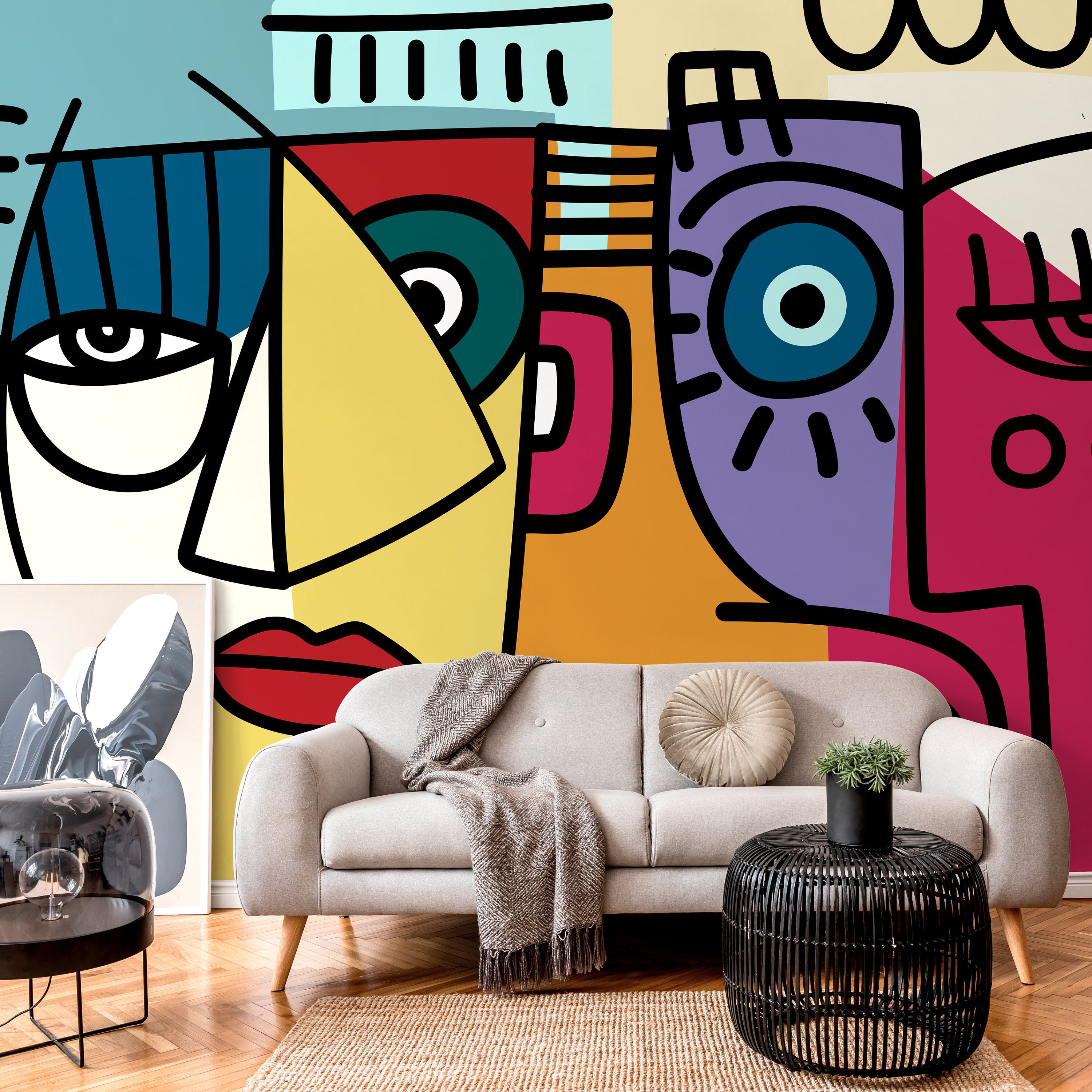 Cubism Wallpaper With Abstract Faces In Yellow, Blue, And Red - D566