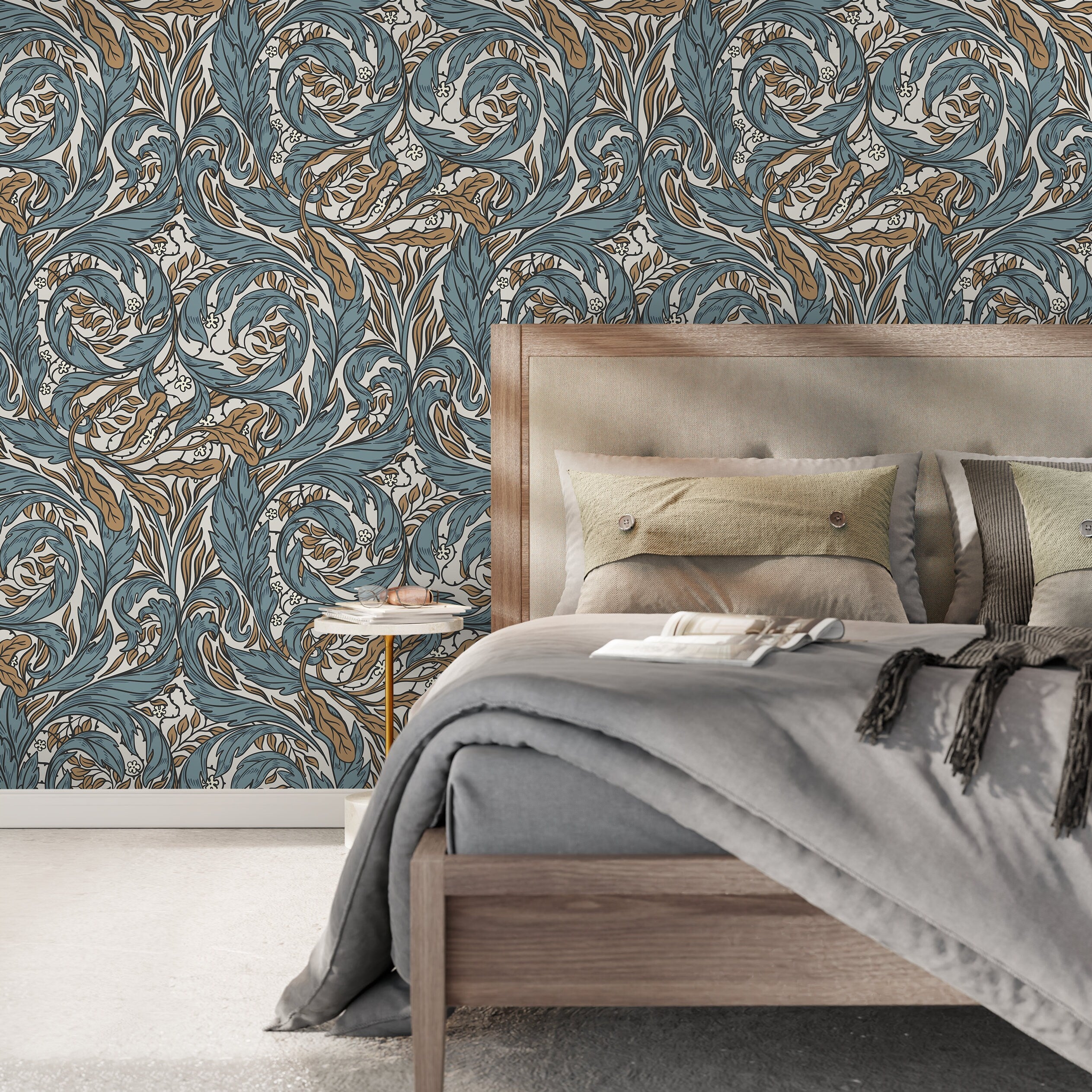 Art Nouveau Wallpaper With Ornamental Acanthus Vines In Blue And Brown - D489