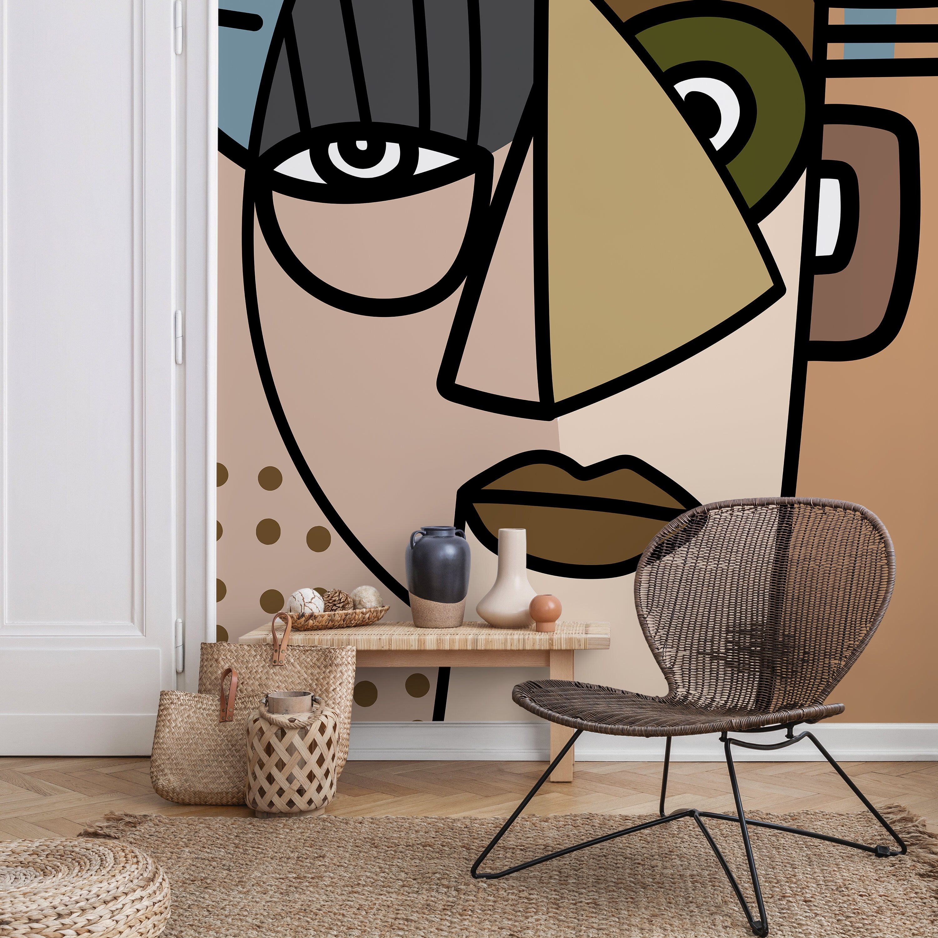 Cubism Wallpaper Featuring Abstract Faces In Brown, Blue, And Gray - D567