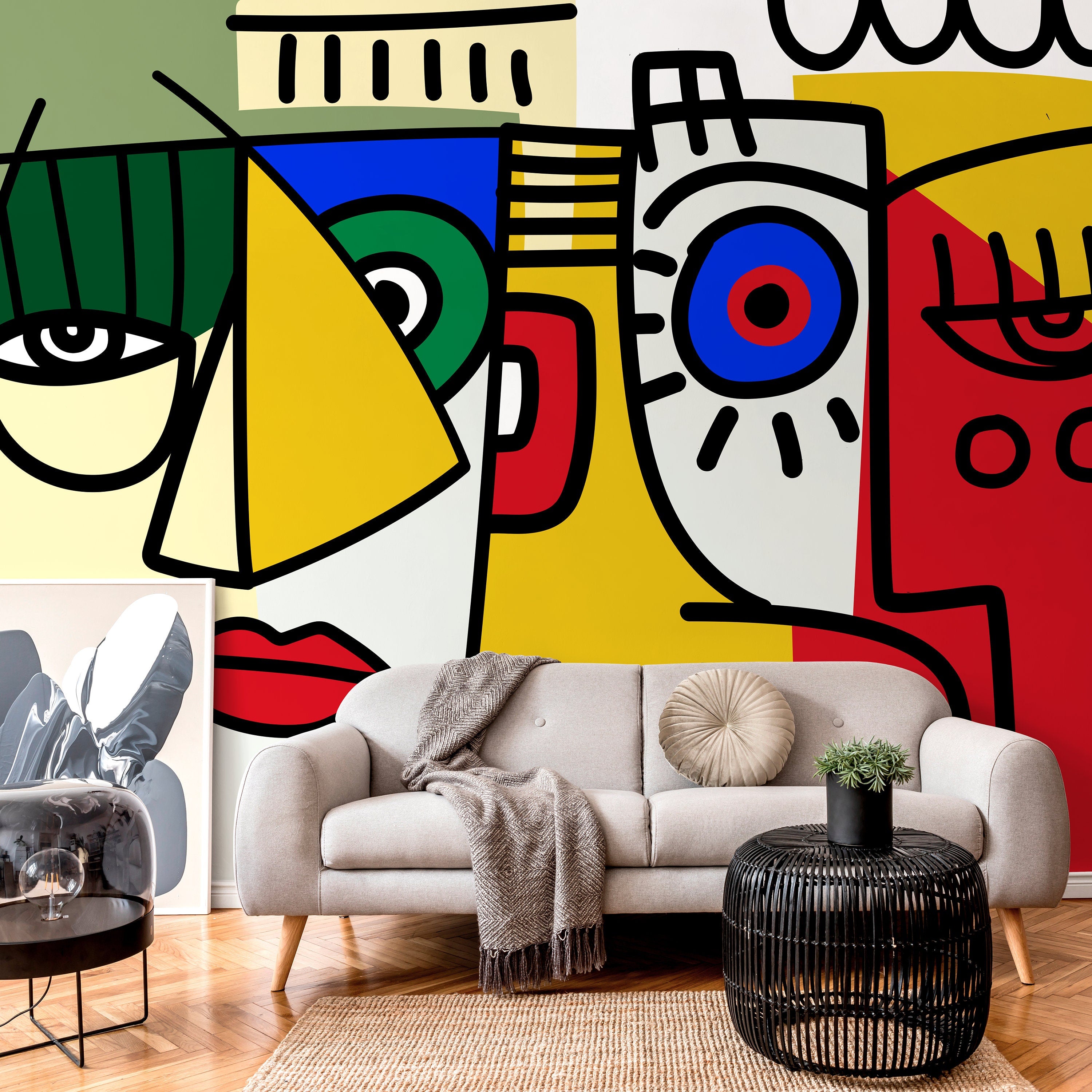 Cubism Wallpaper With Bold Abstract Faces In Yellow, Blue, And Red - D568