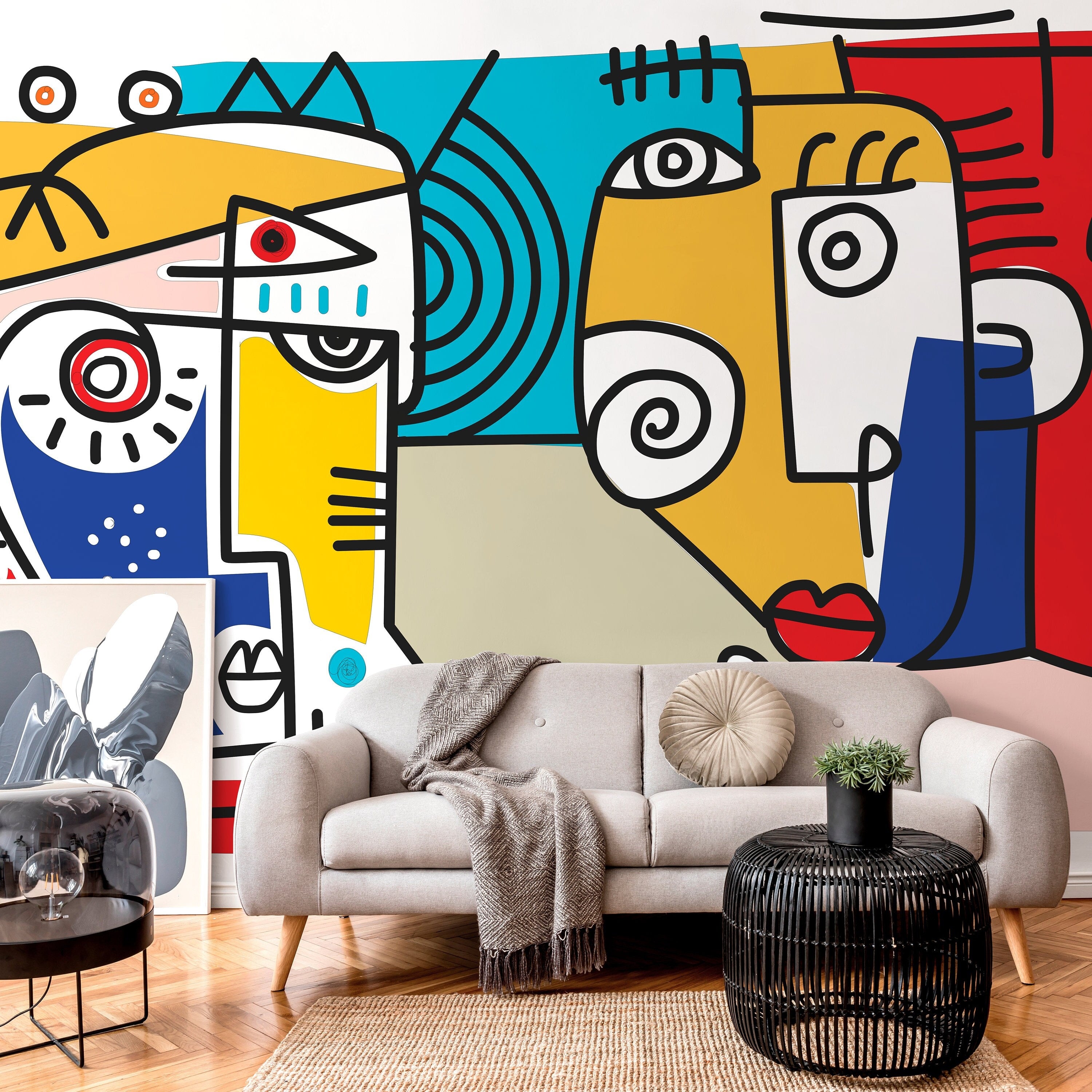 Cubism Wallpaper With Abstract Faces In Red, Yellow, And Blue - D569