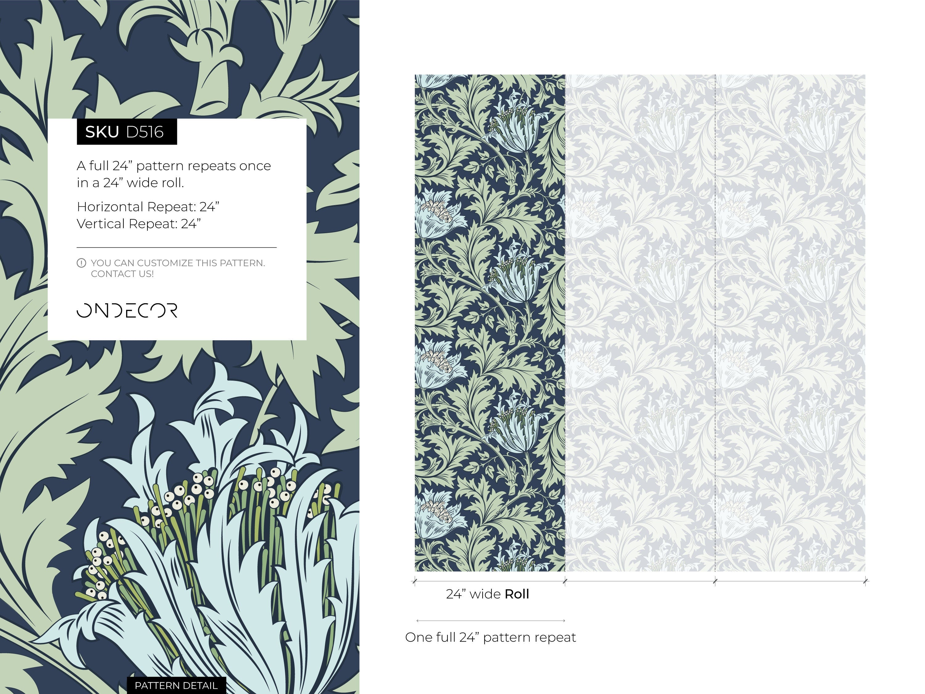 Arts And Crafts Wallpaper With Stylized Tulips In Navy Blue And Sage Green - D516