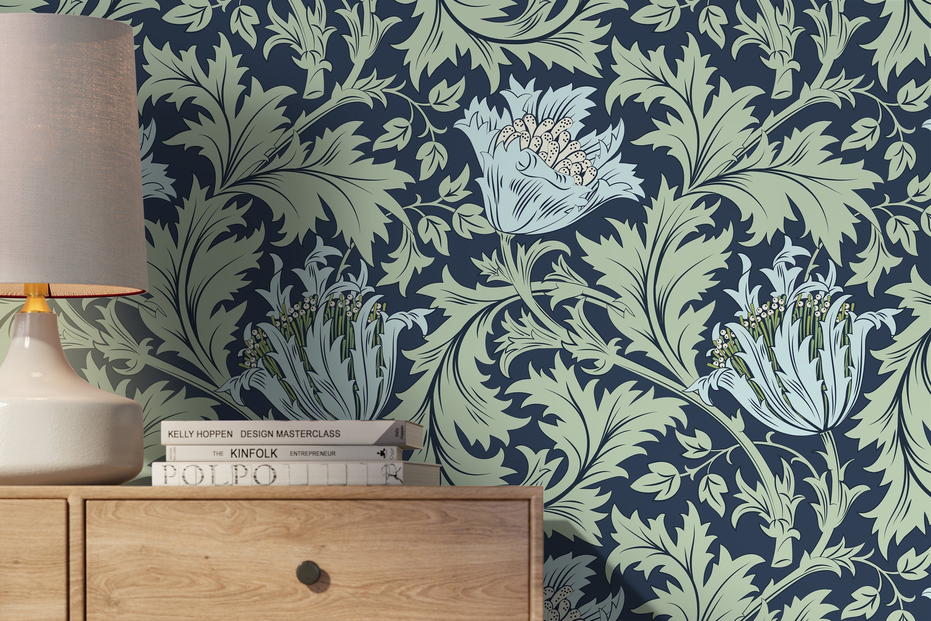 Arts And Crafts Wallpaper With Stylized Tulips In Navy Blue And Sage Green - D516
