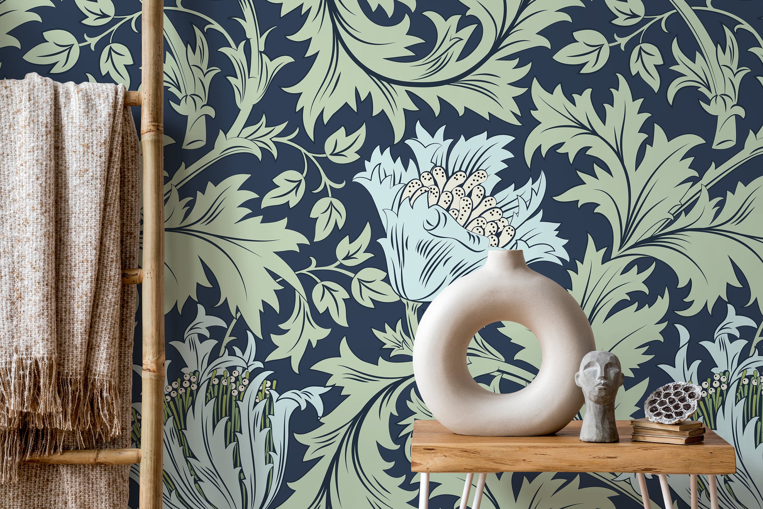 Arts And Crafts Wallpaper With Stylized Tulips In Navy Blue And Sage Green - D516