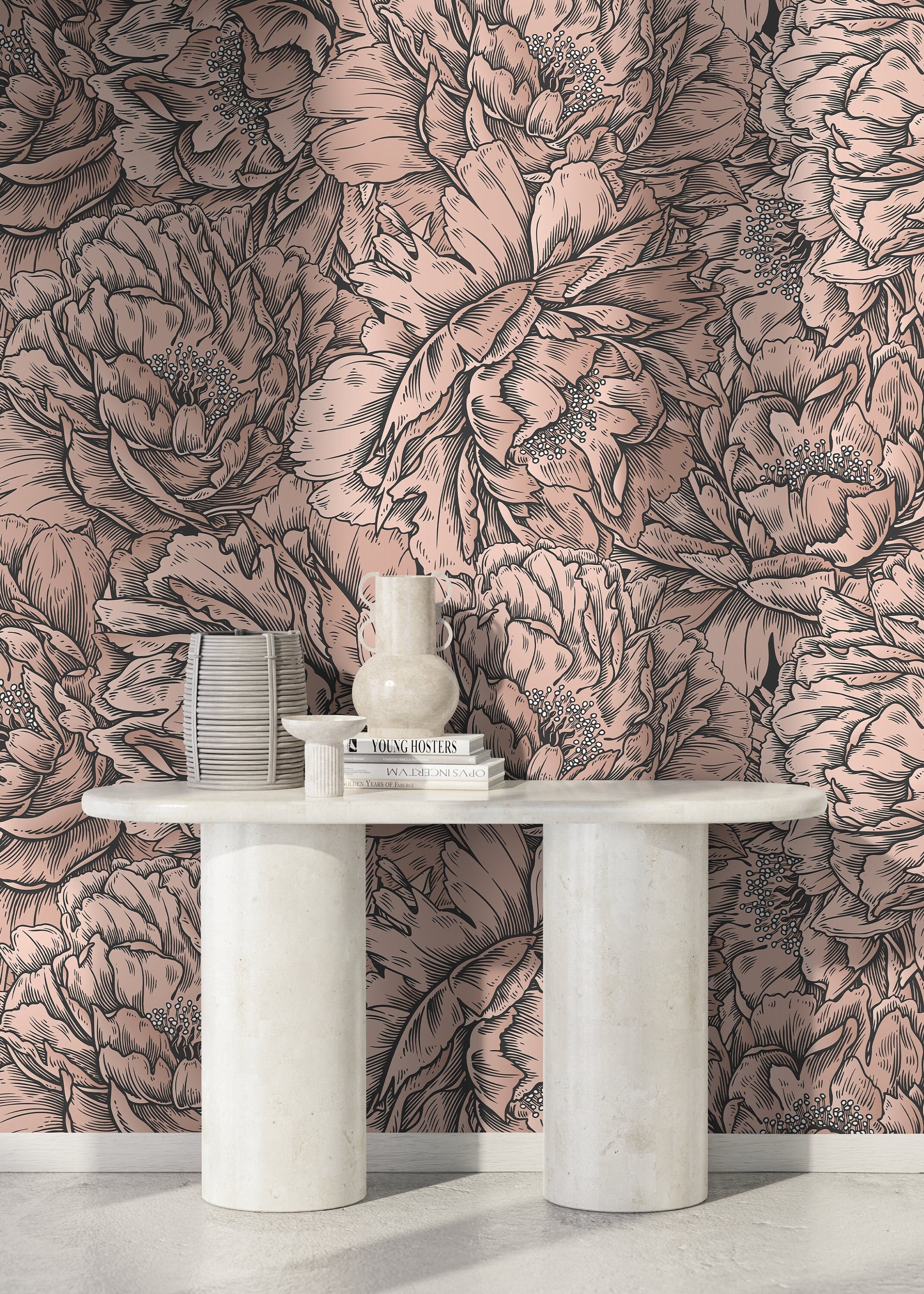 Floral Wallpaper With An Etched Peony Motif In Pink And Black - D517