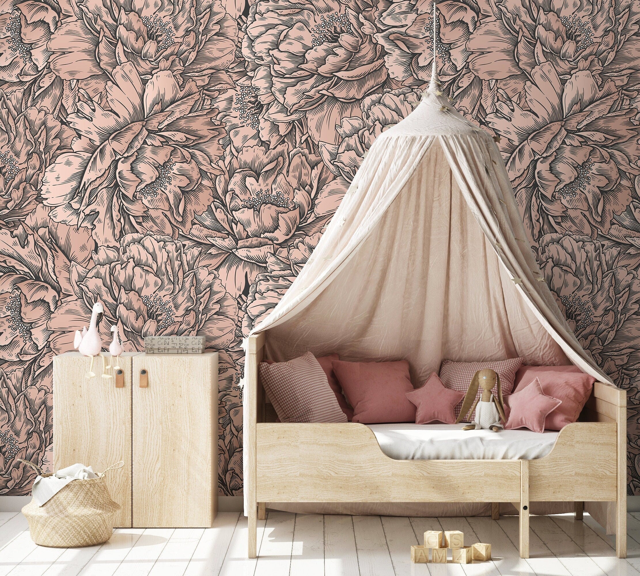 Floral Wallpaper With An Etched Peony Motif In Pink And Black - D517
