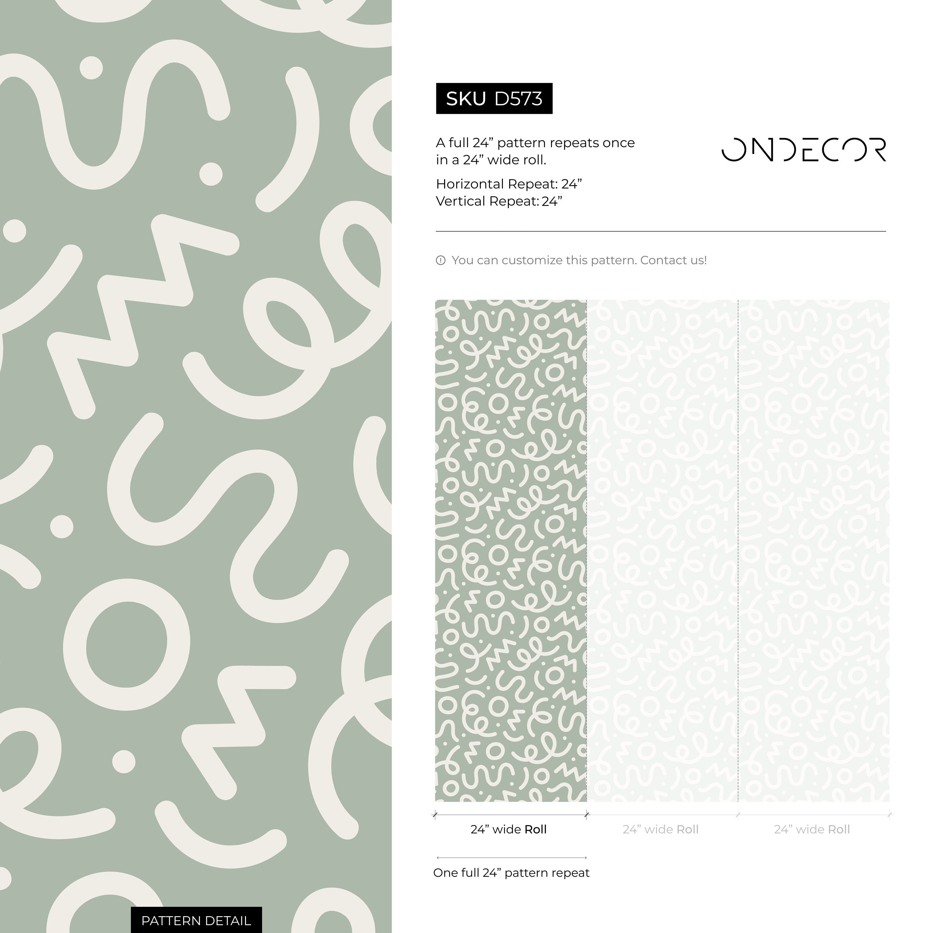 Abstract Wallpaper With A Medley Of Squiggles In Sage Green And White - D573