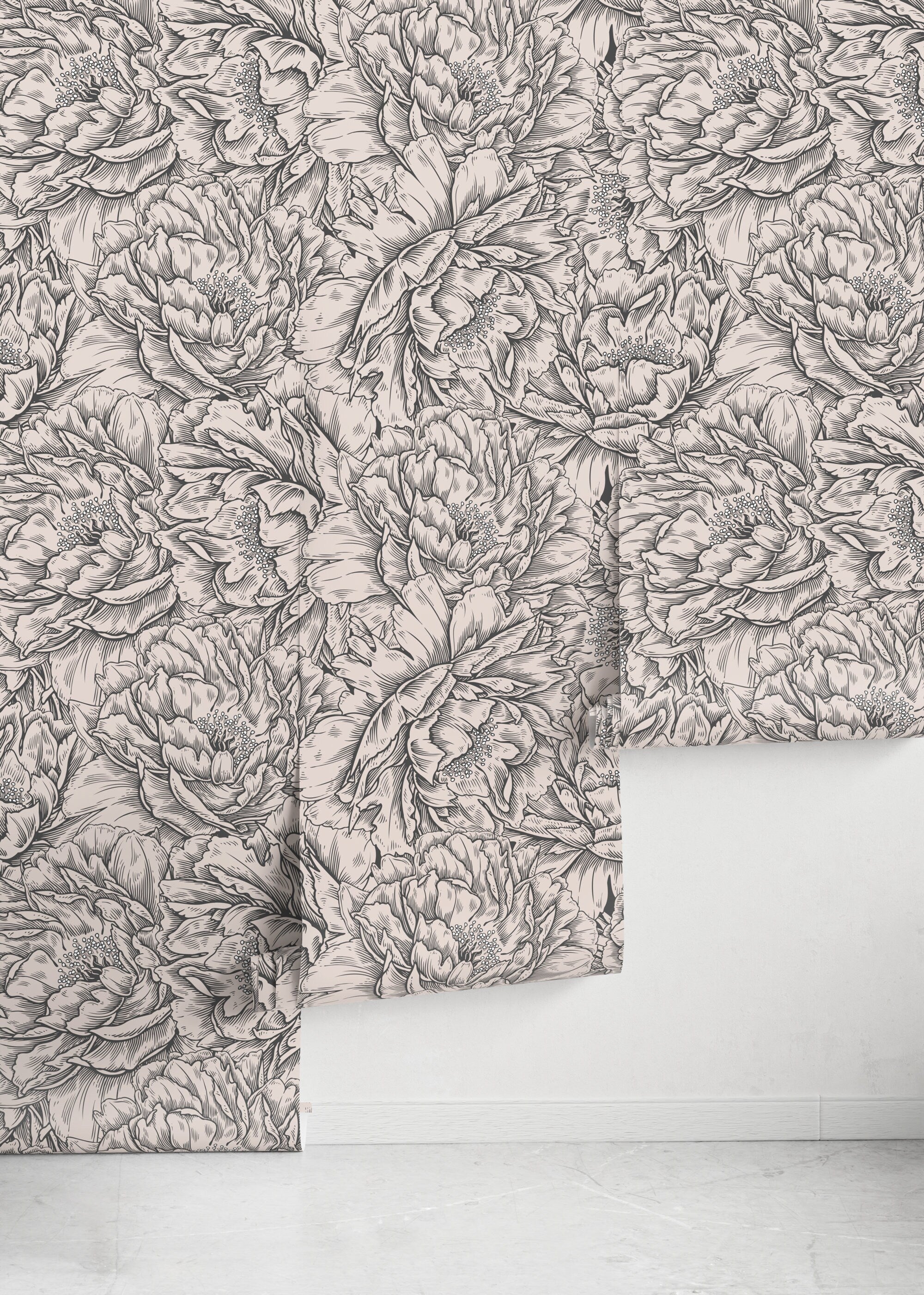 Floral Wallpaper With An Engraved Peony Motif In Gray And Beige - D518
