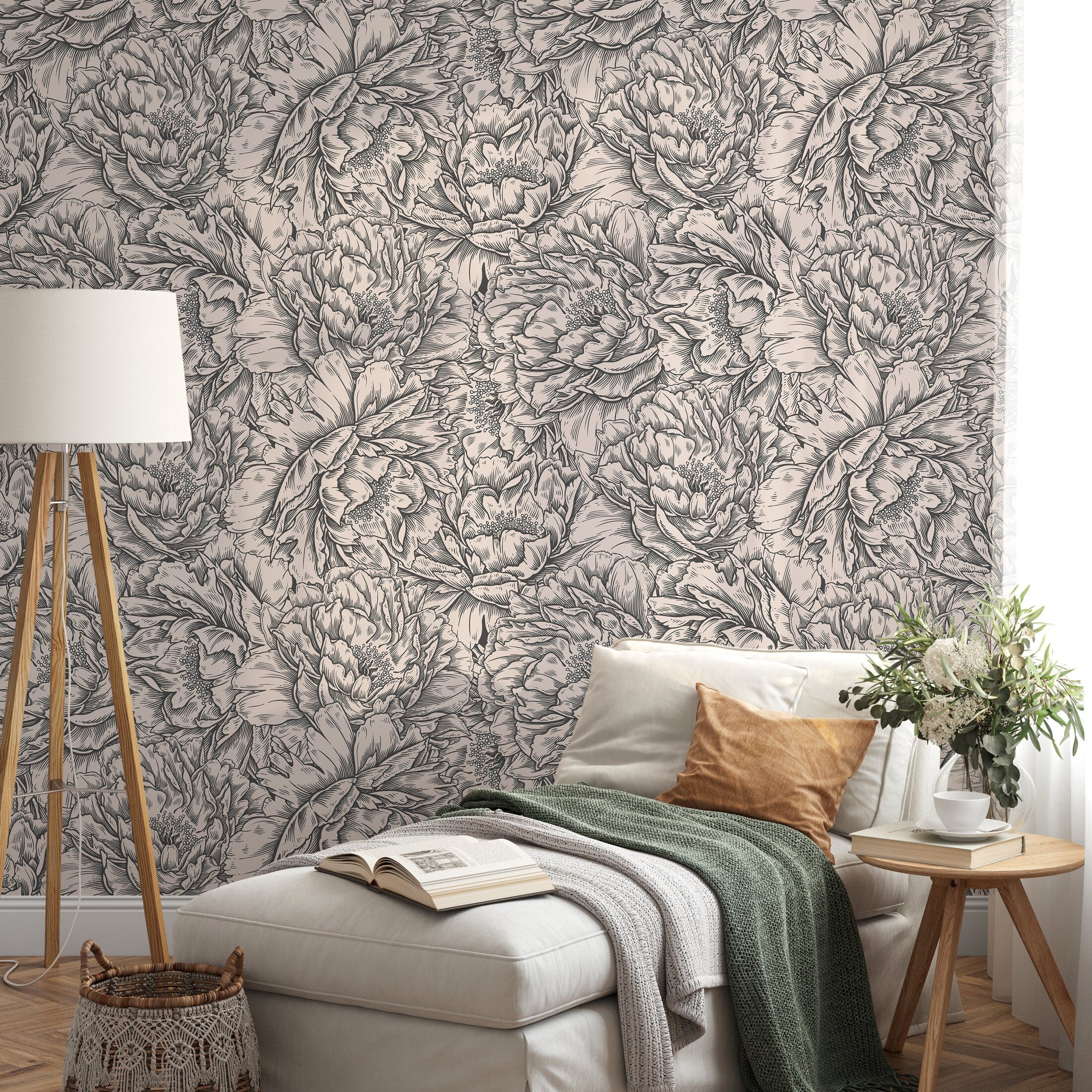 Floral Wallpaper With An Engraved Peony Motif In Gray And Beige - D518
