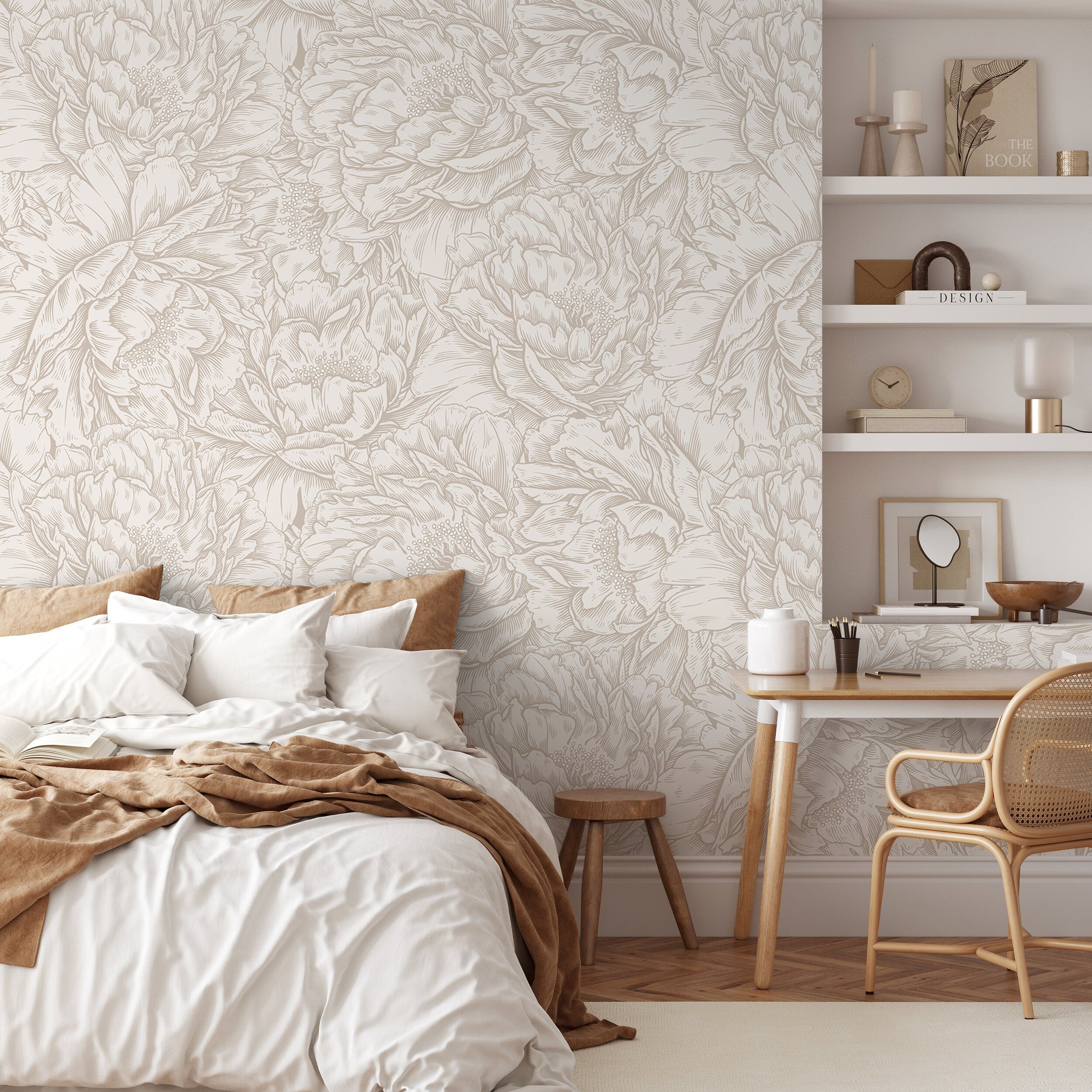 Floral Wallpaper With An Engraved Peony Motif In Beige And Cream - D520