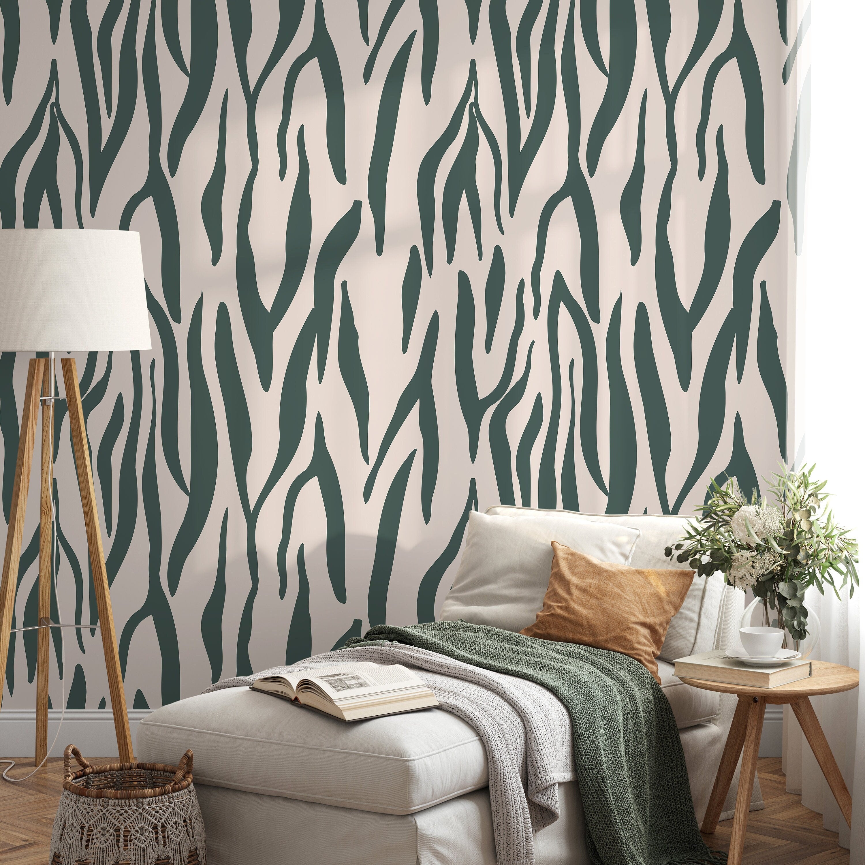 Abstract Wallpaper With An Organic Stripe Motif In Green And Beige - D609