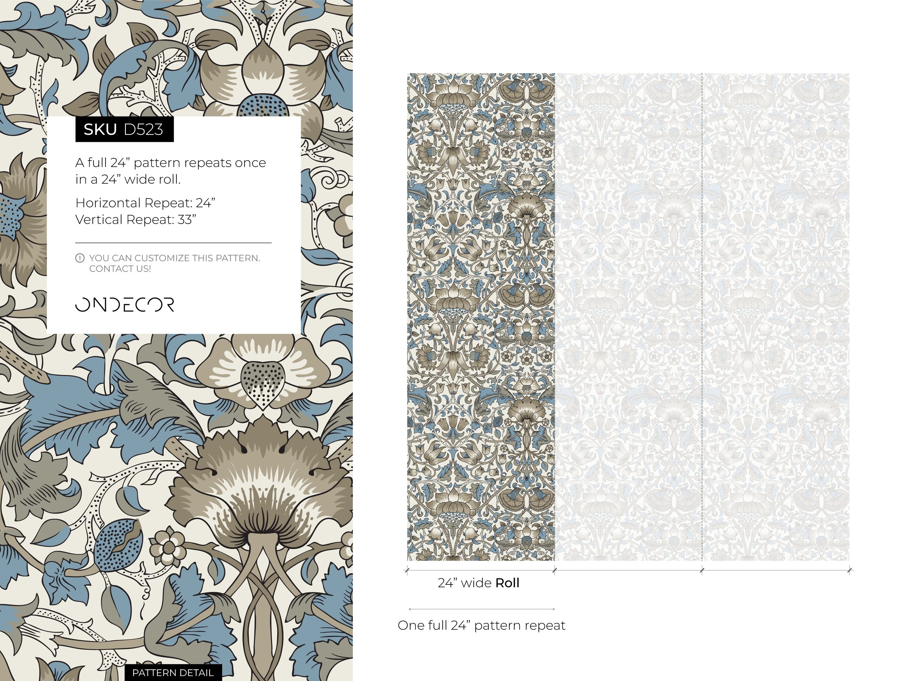 Vintage Floral Wallpaper With An Arts And Crafts Motif In Blue And Gray - D523