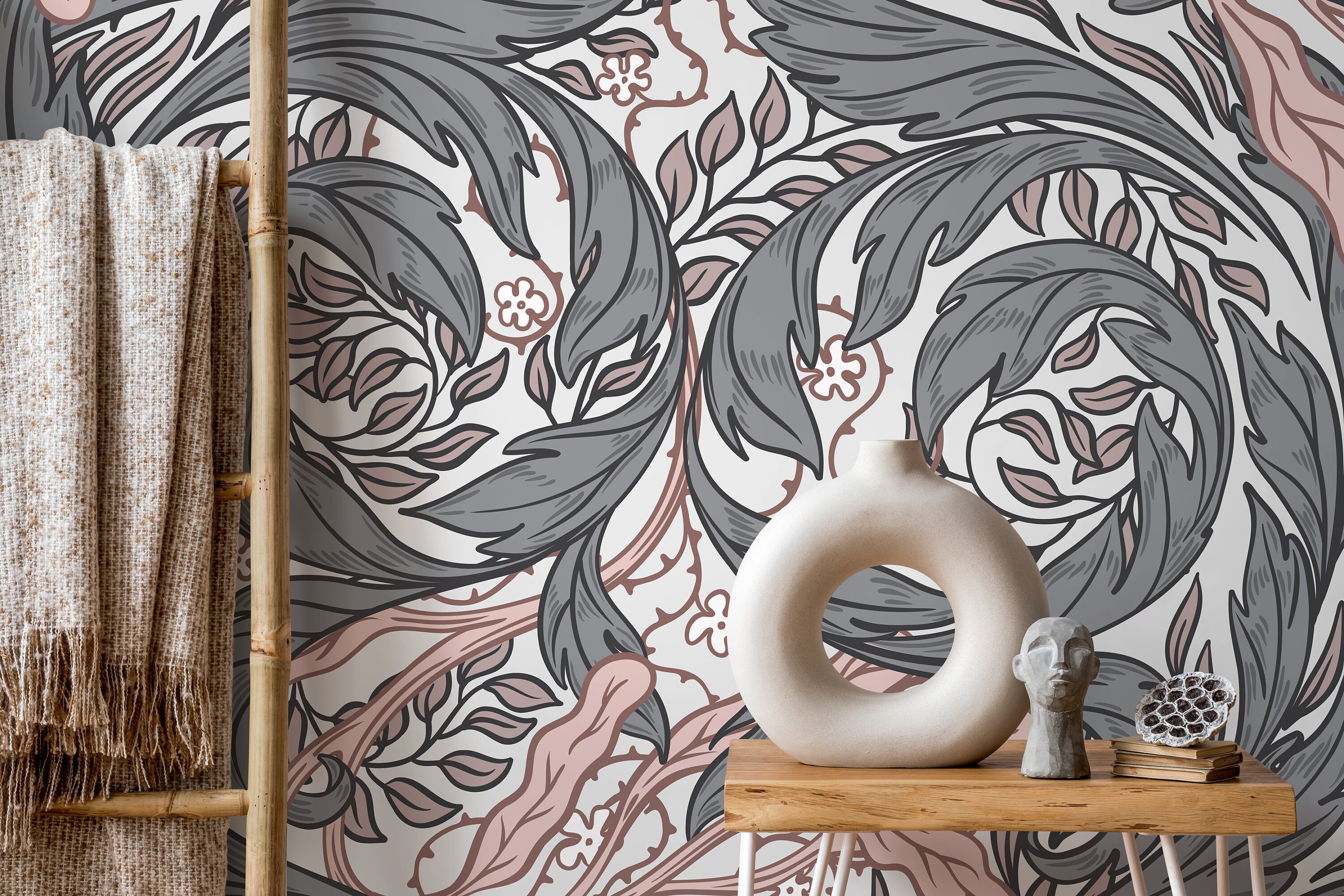 Botanical Wallpaper With Swirling Acanthus Leaves In Gray And Pink - D524