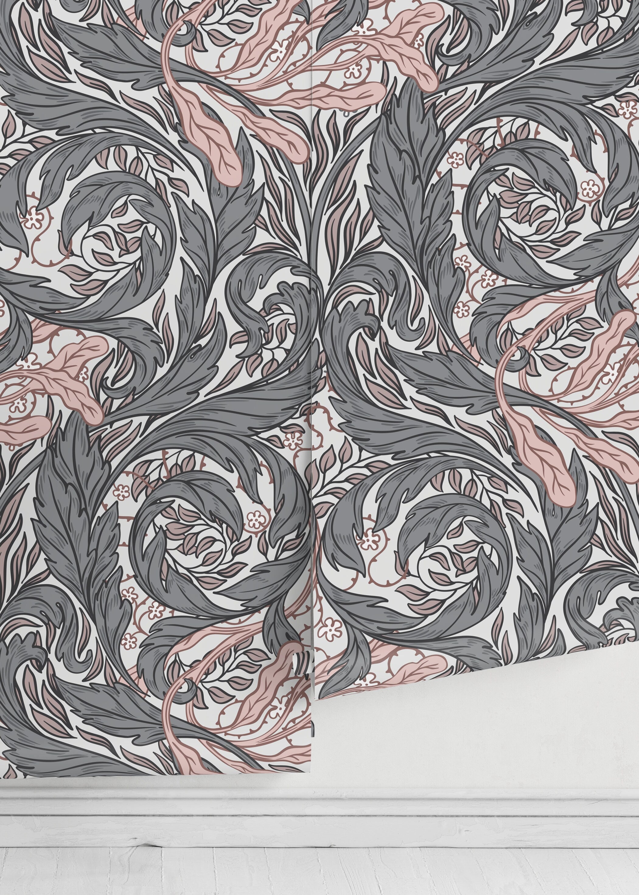 Botanical Wallpaper With Swirling Acanthus Leaves In Gray And Pink - D524