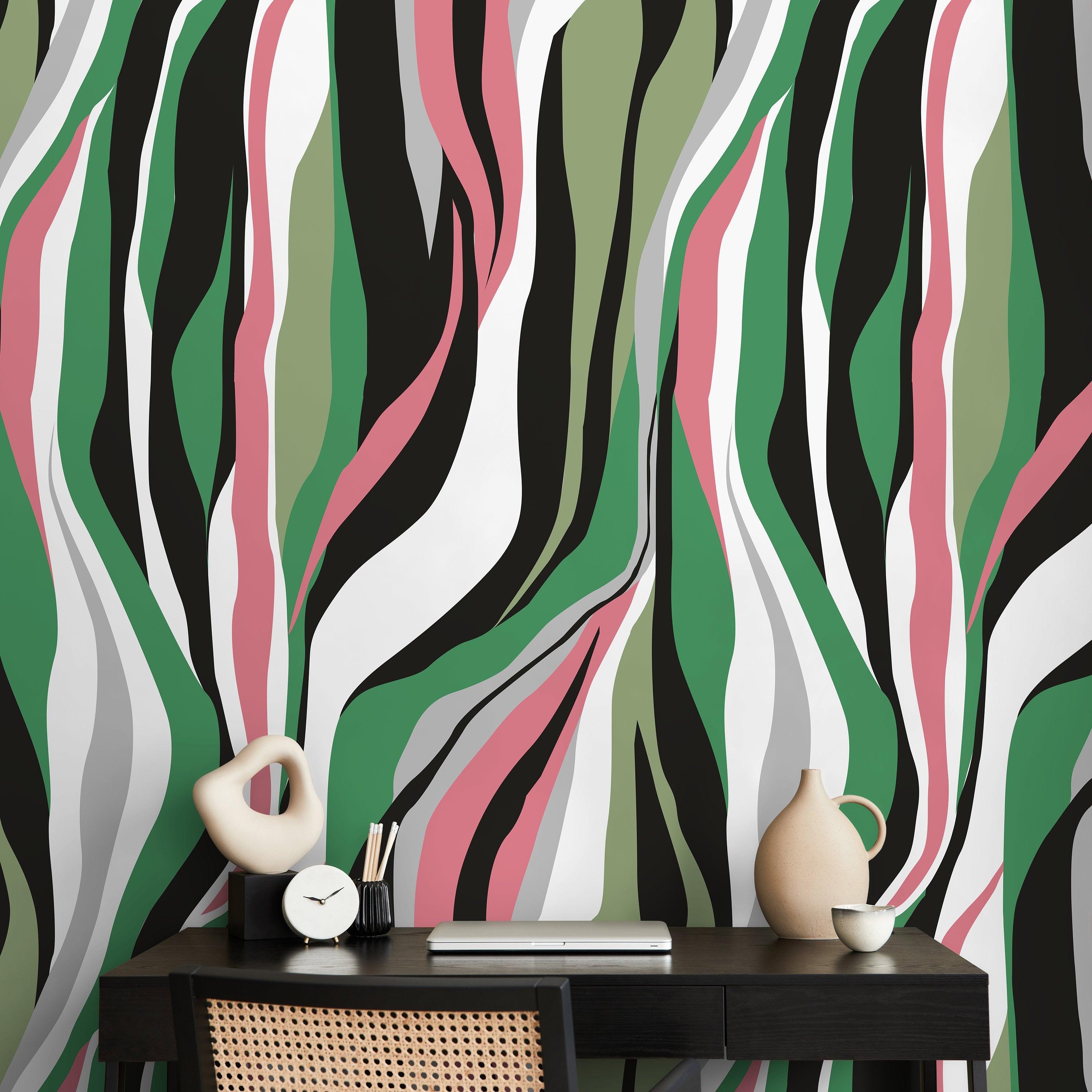 Abstract Wallpaper With Flowing Organic Waves In Green, Pink, And Black - D611